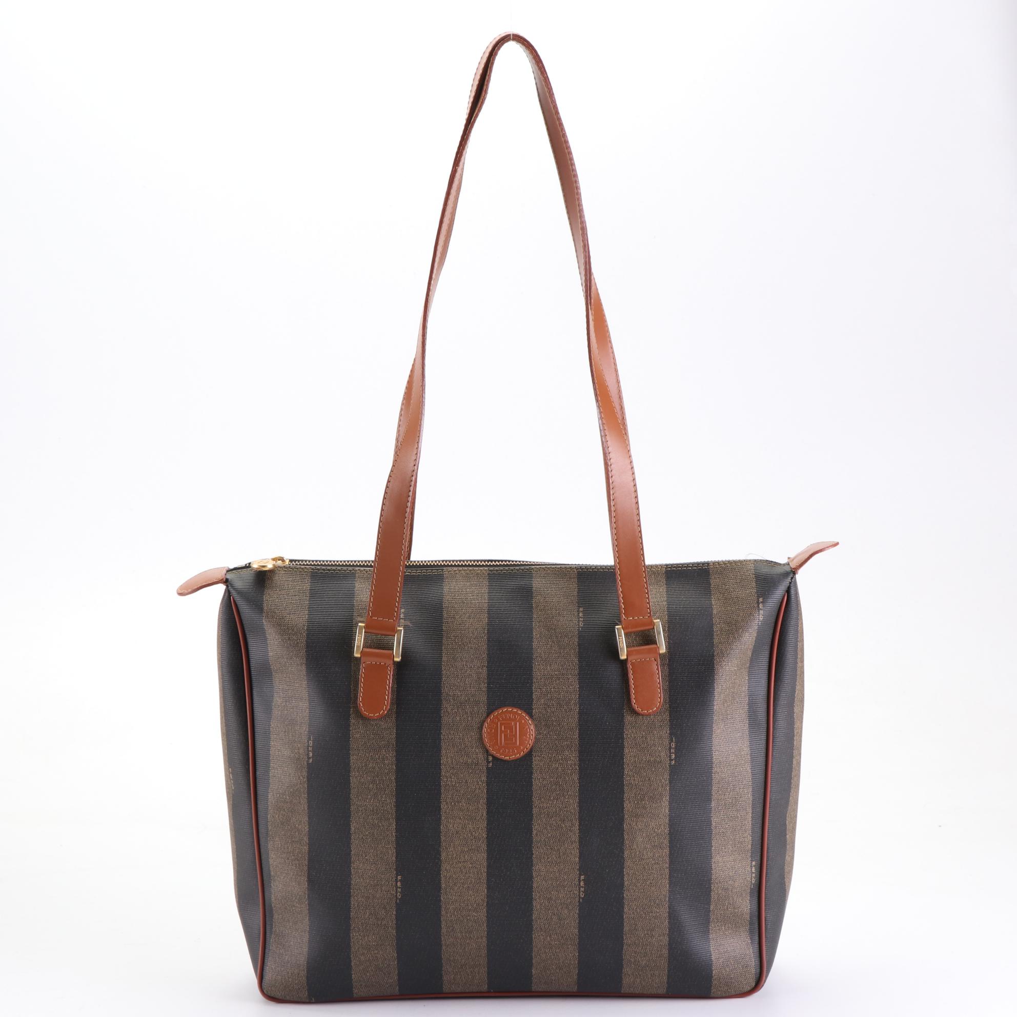 Fendi Shoulder Tote in Pequin Stripe Coated Canvas with Leather Trim
