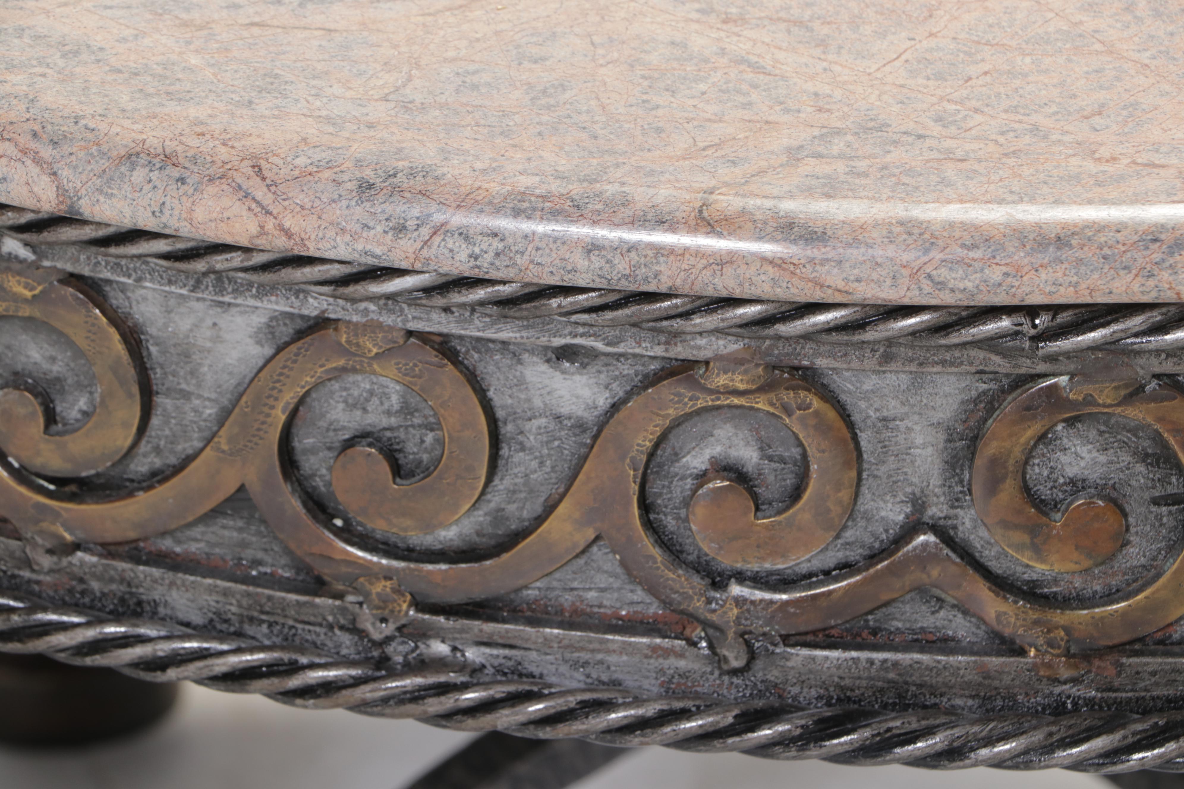 Brass-Mounted Iron and Marble Top Coffee Table