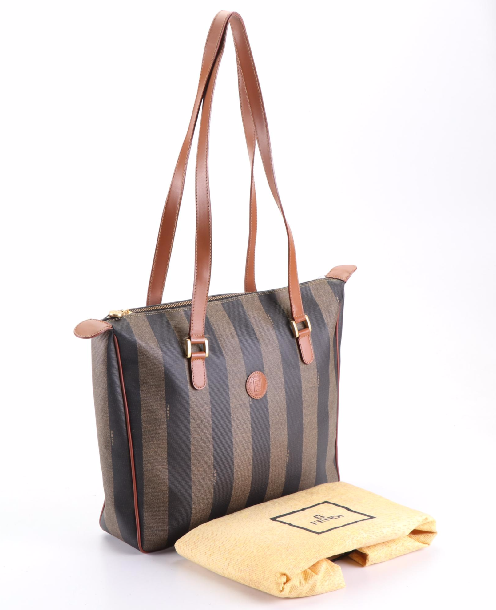 Fendi Shoulder Tote in Pequin Stripe Coated Canvas with Leather Trim