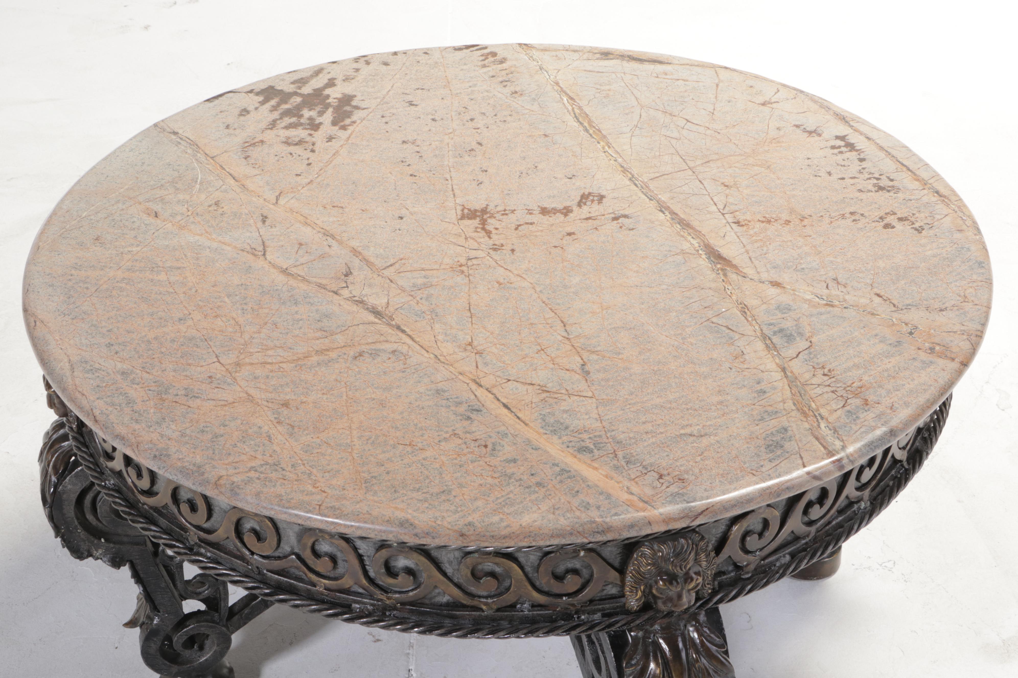 Brass-Mounted Iron and Marble Top Coffee Table