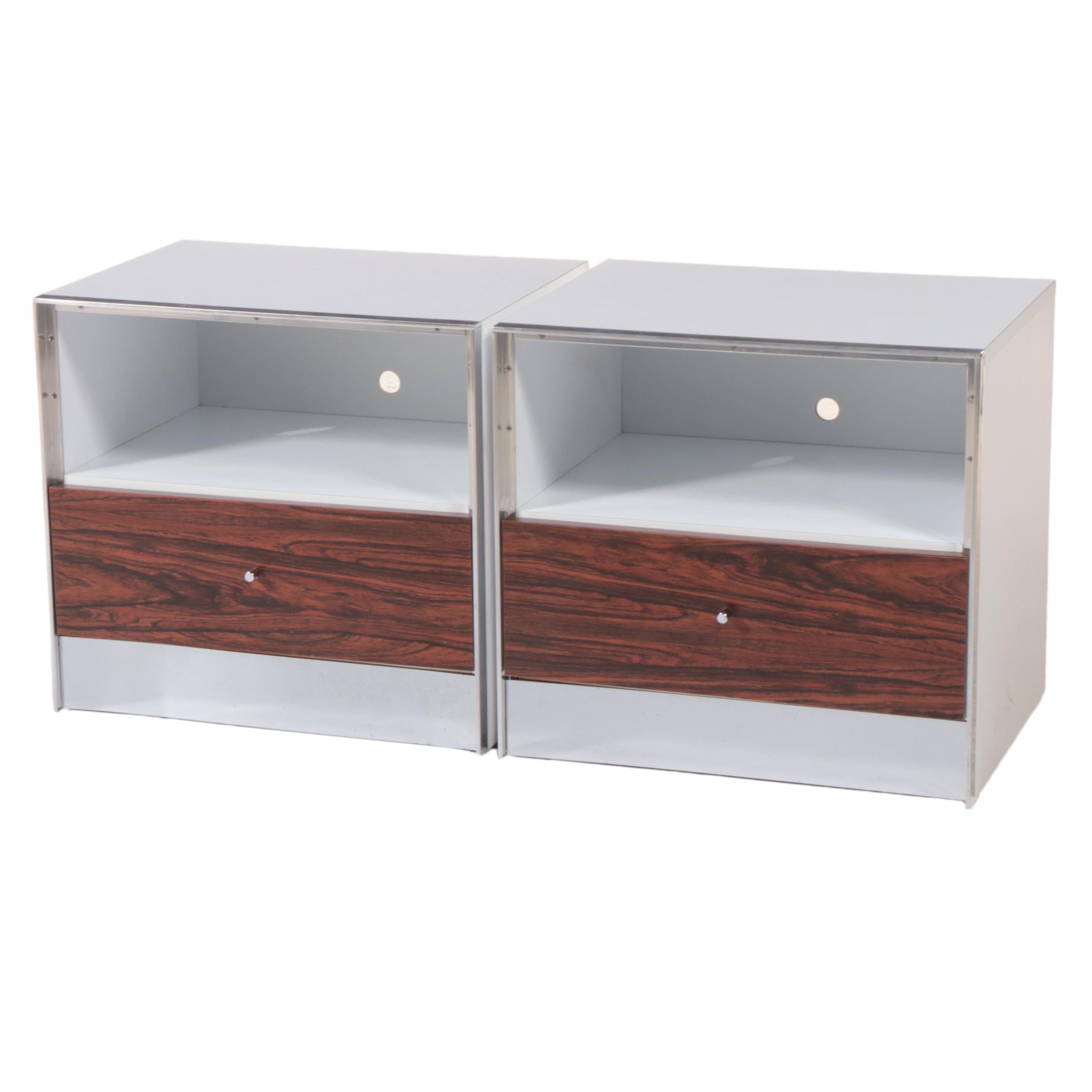 Pair of Modernist White Laminate and Rosewood Single-Drawer Nightstands