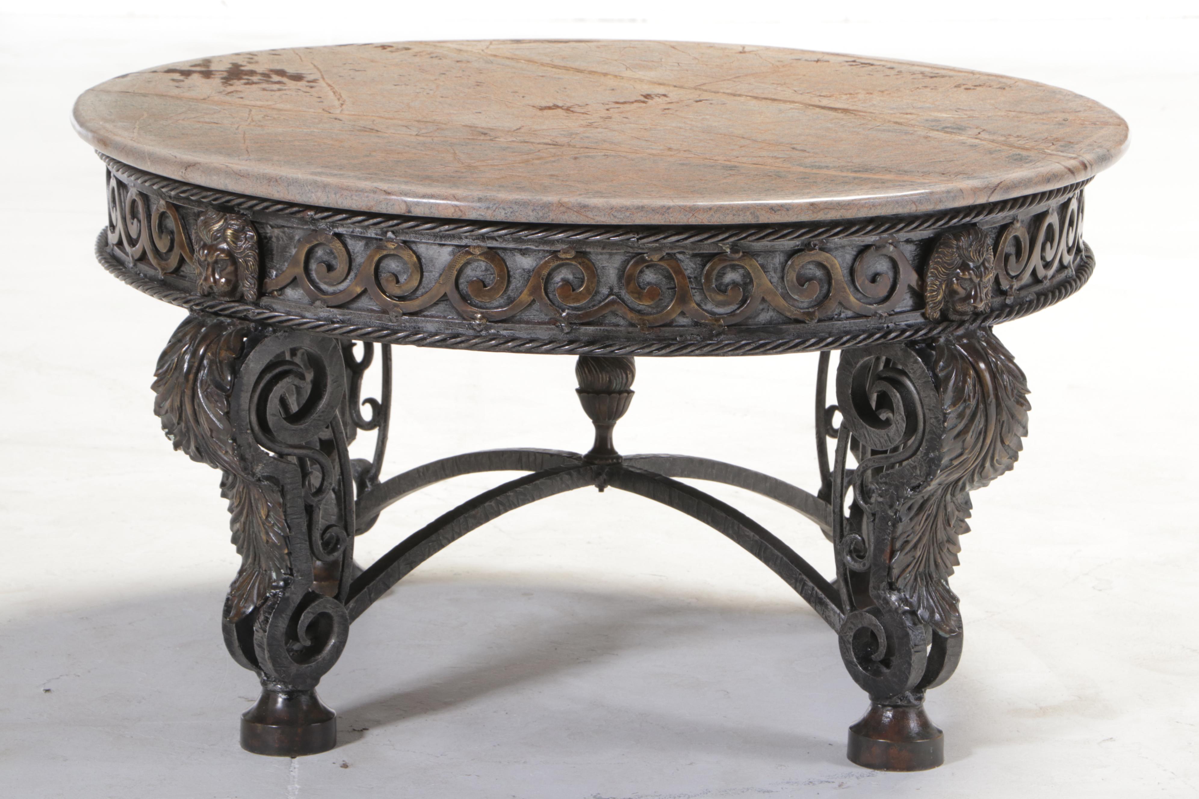 Brass-Mounted Iron and Marble Top Coffee Table
