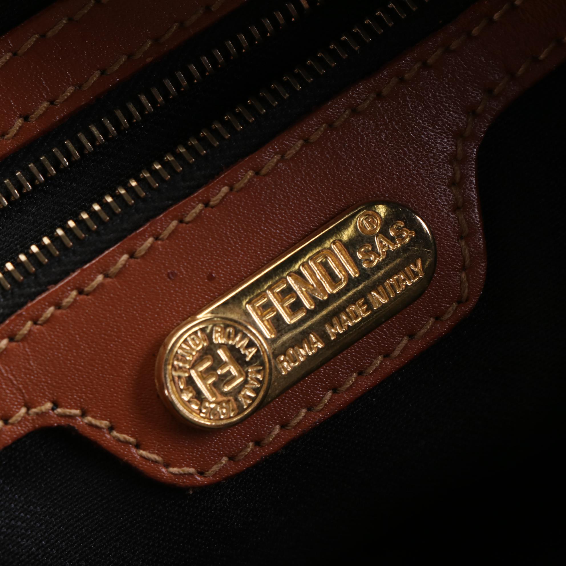 Fendi Shoulder Tote in Pequin Stripe Coated Canvas with Leather Trim