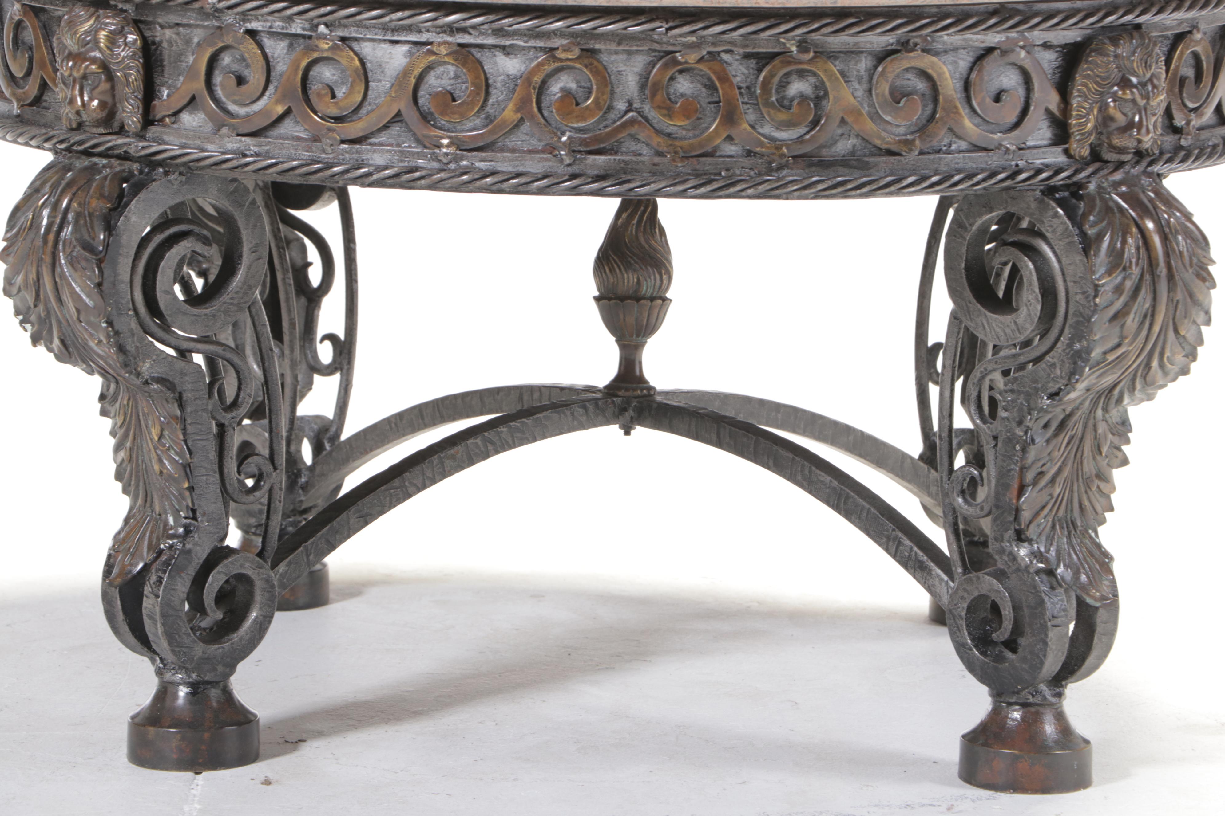 Brass-Mounted Iron and Marble Top Coffee Table