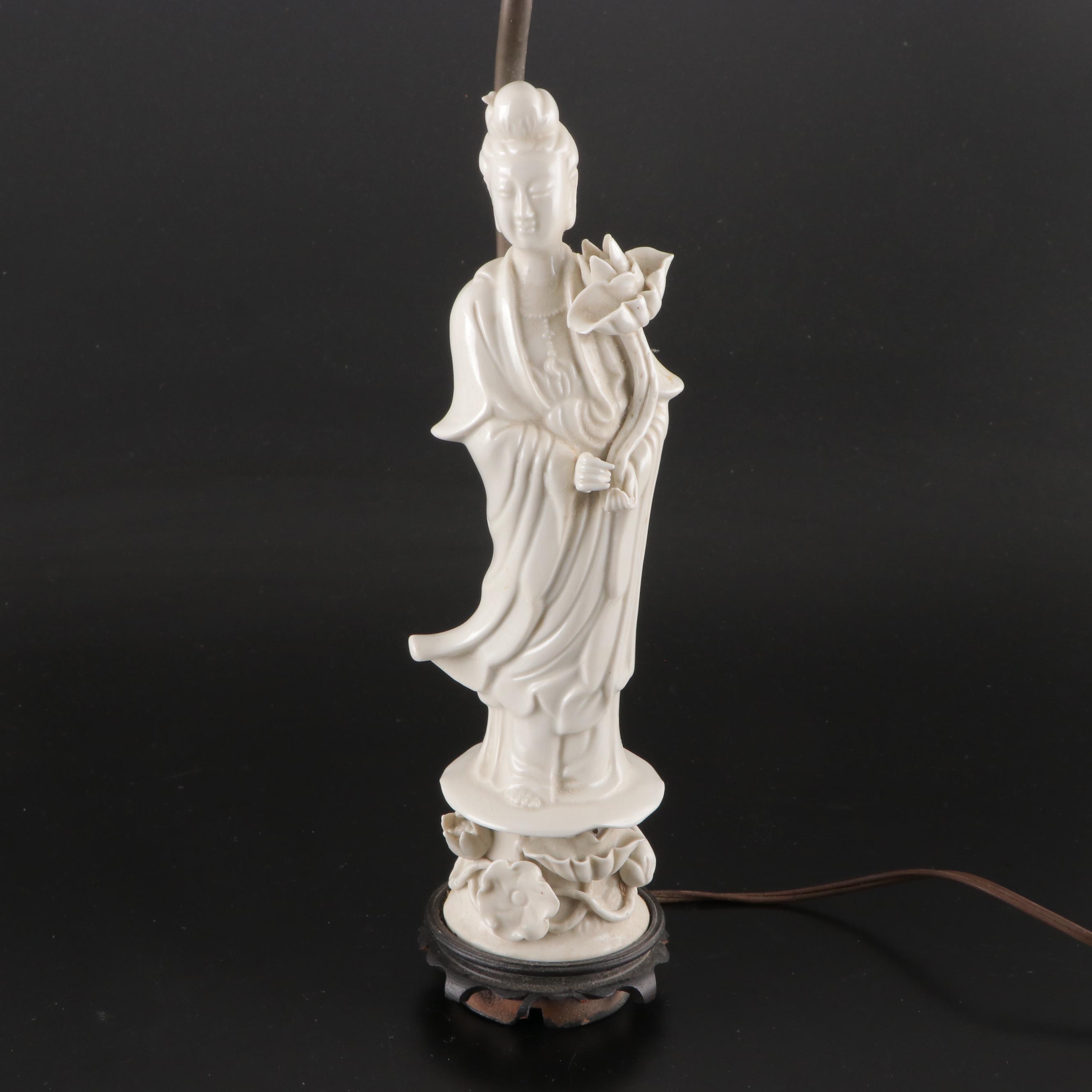 Pair of Chinese Guan Yin Porcelain Table Lamps, Late 20th Century