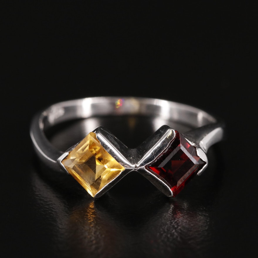 Sterling Citrine and Garnet Toi et Moi Ring