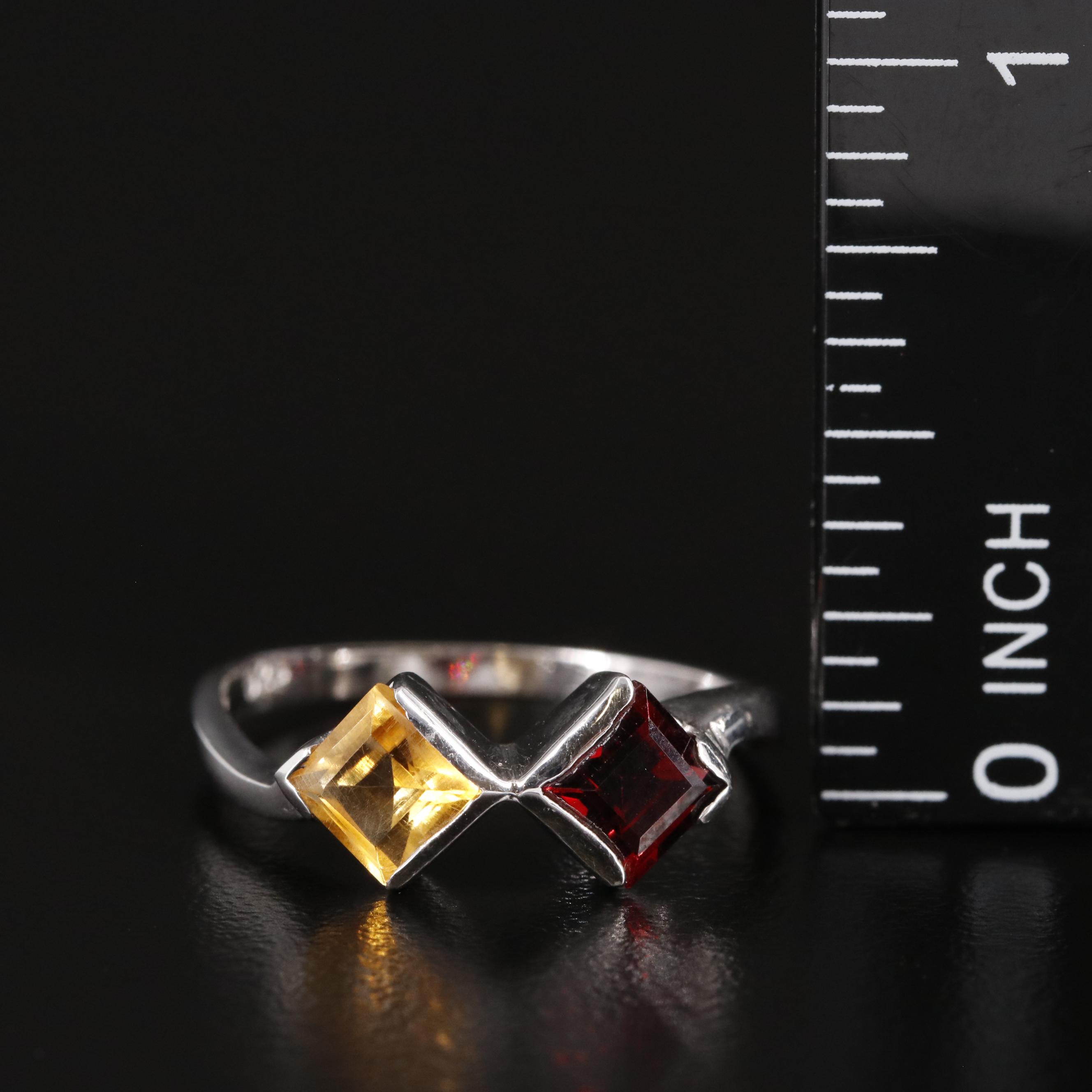 Sterling Citrine and Garnet Toi et Moi Ring