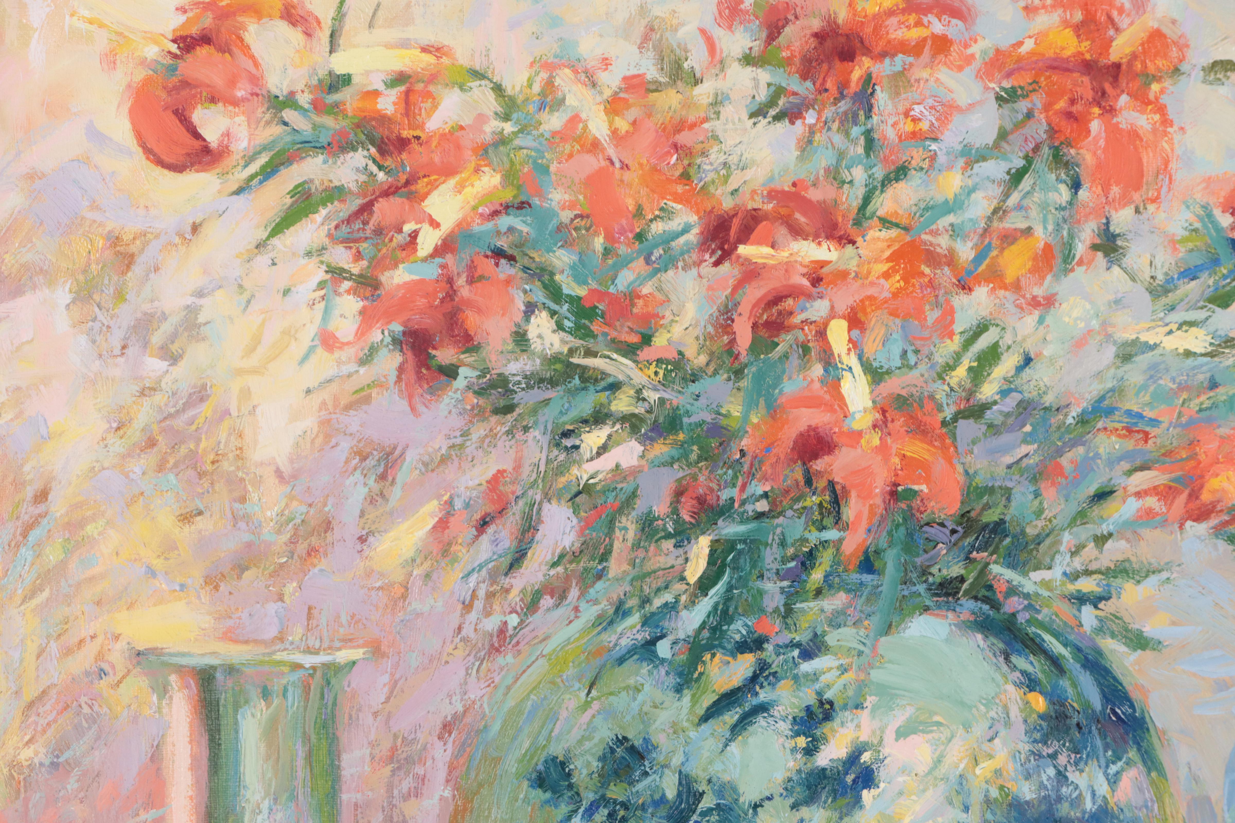 C. James Frazier Floral Still Life Oil Painting "Pewter Reflections," 1984