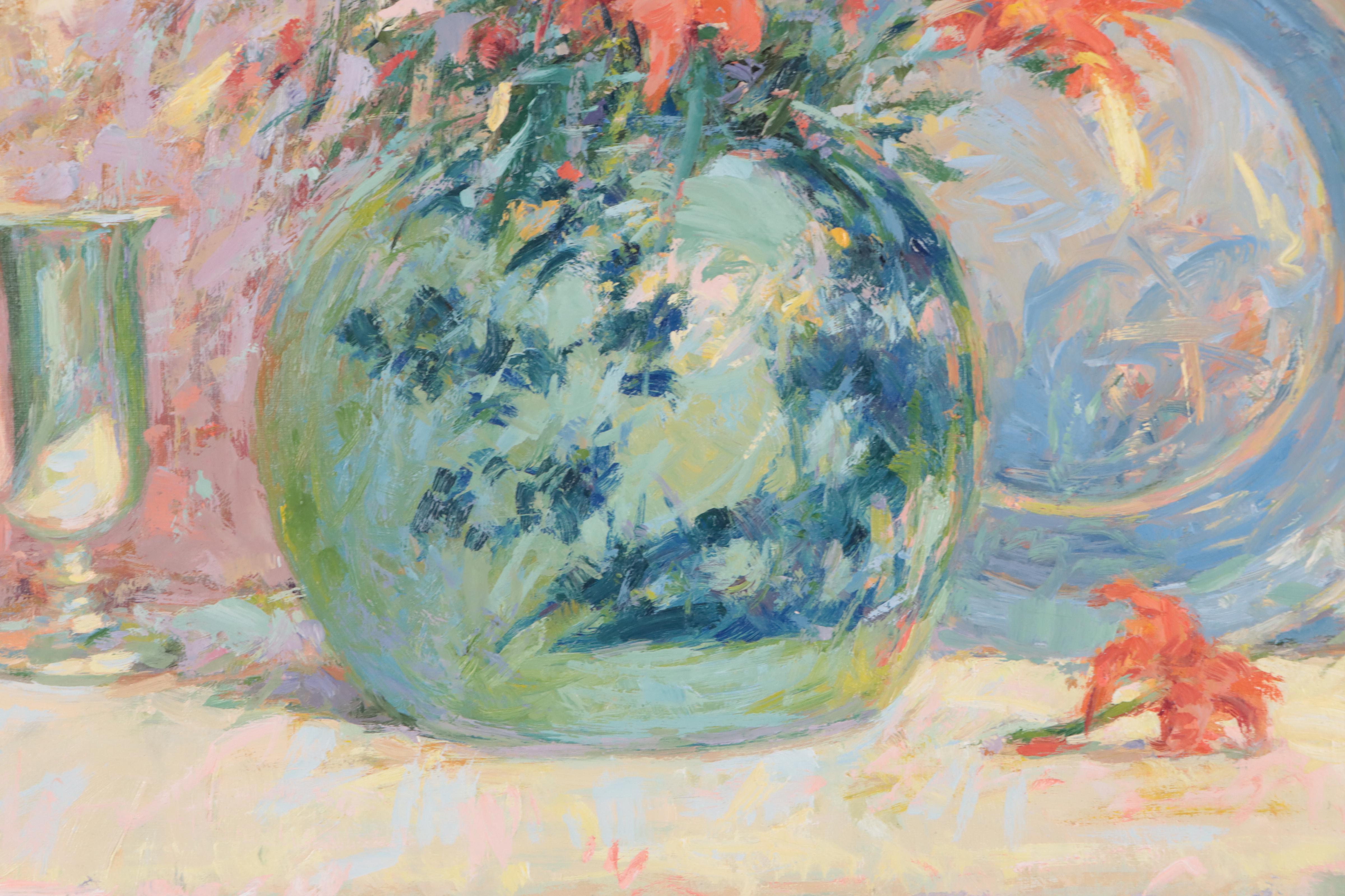 C. James Frazier Floral Still Life Oil Painting "Pewter Reflections," 1984