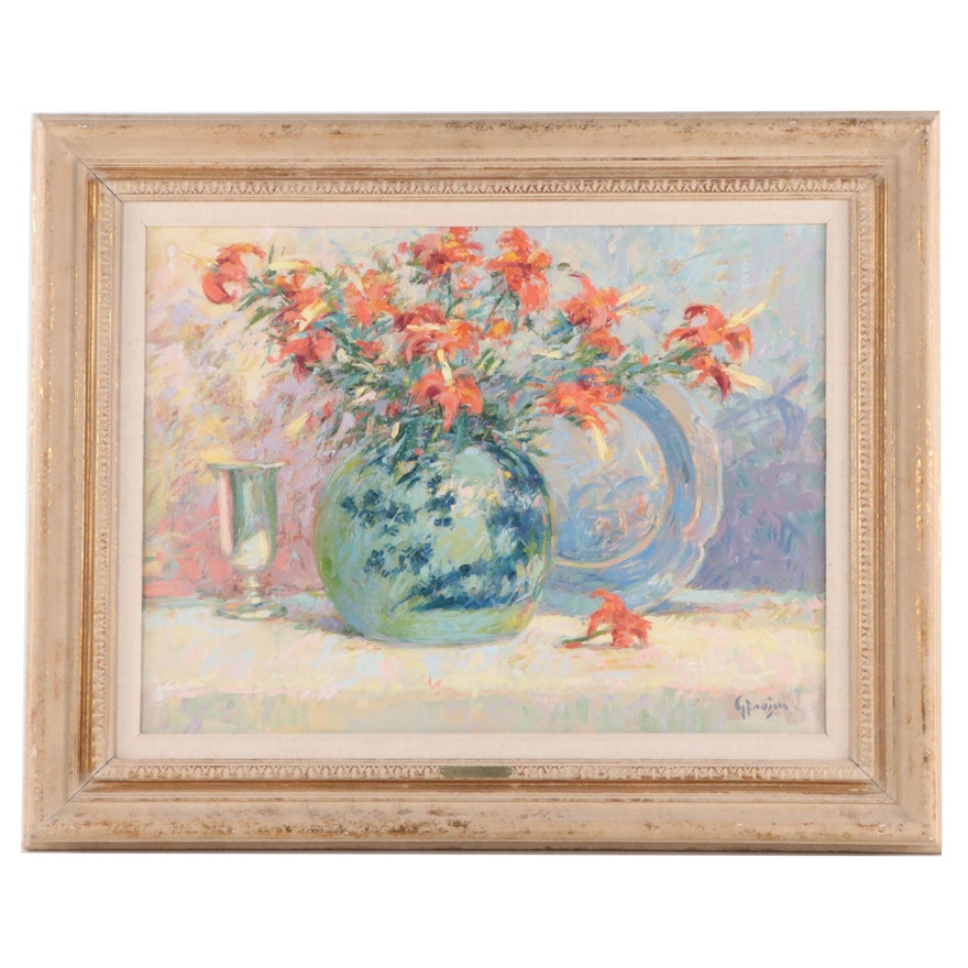 C. James Frazier Floral Still Life Oil Painting "Pewter Reflections," 1984