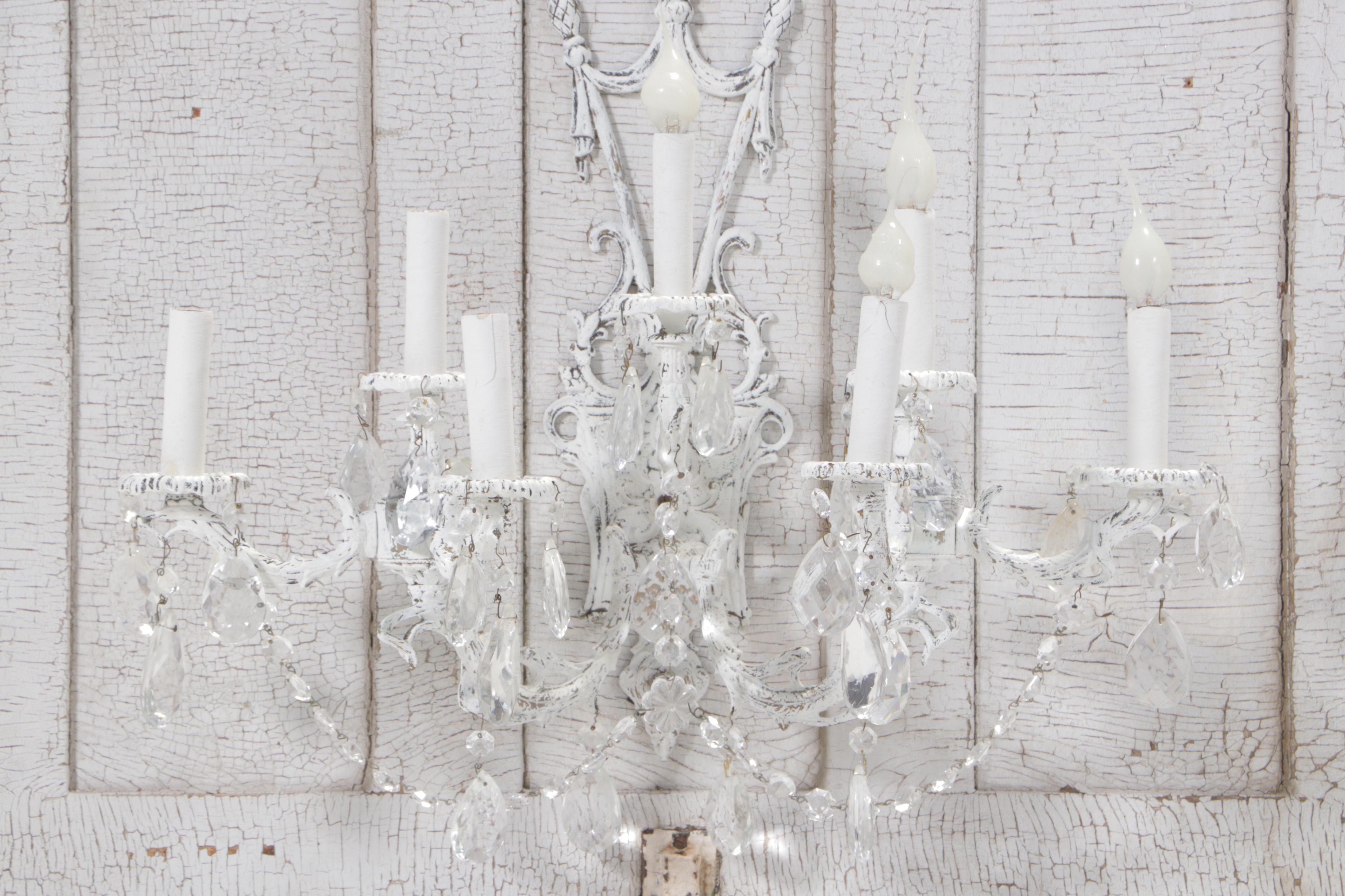 Neoclassical White-Painted Seven-Light Wall Sconce Mounted to Panel