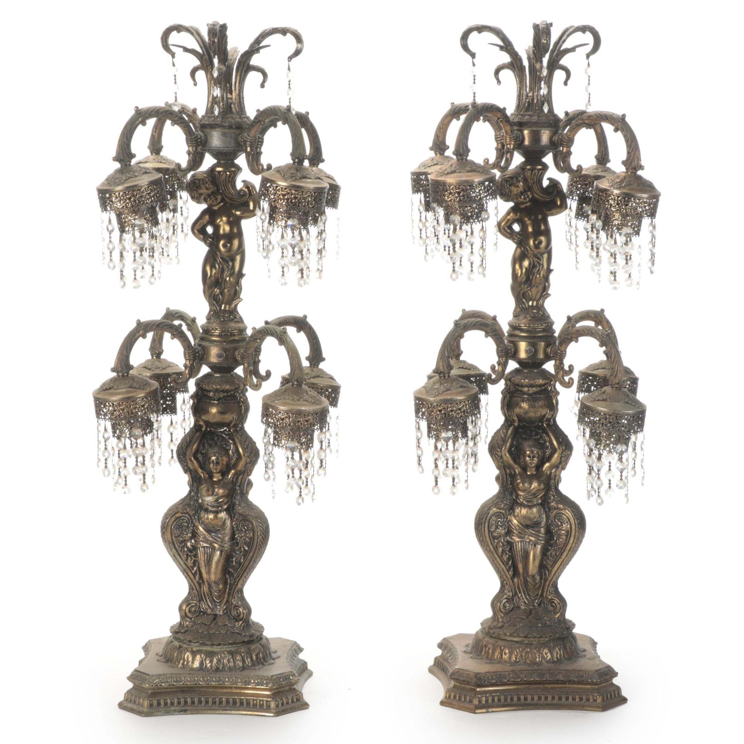 Pair of Hollywood Regency Gilt Metal Putti Tiered Lamps, Mid-20th Century