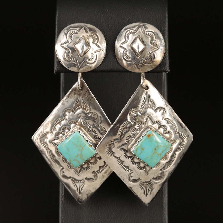 Willie Shaw Navajo Diné Sterling Turquoise Stampwork Earrings