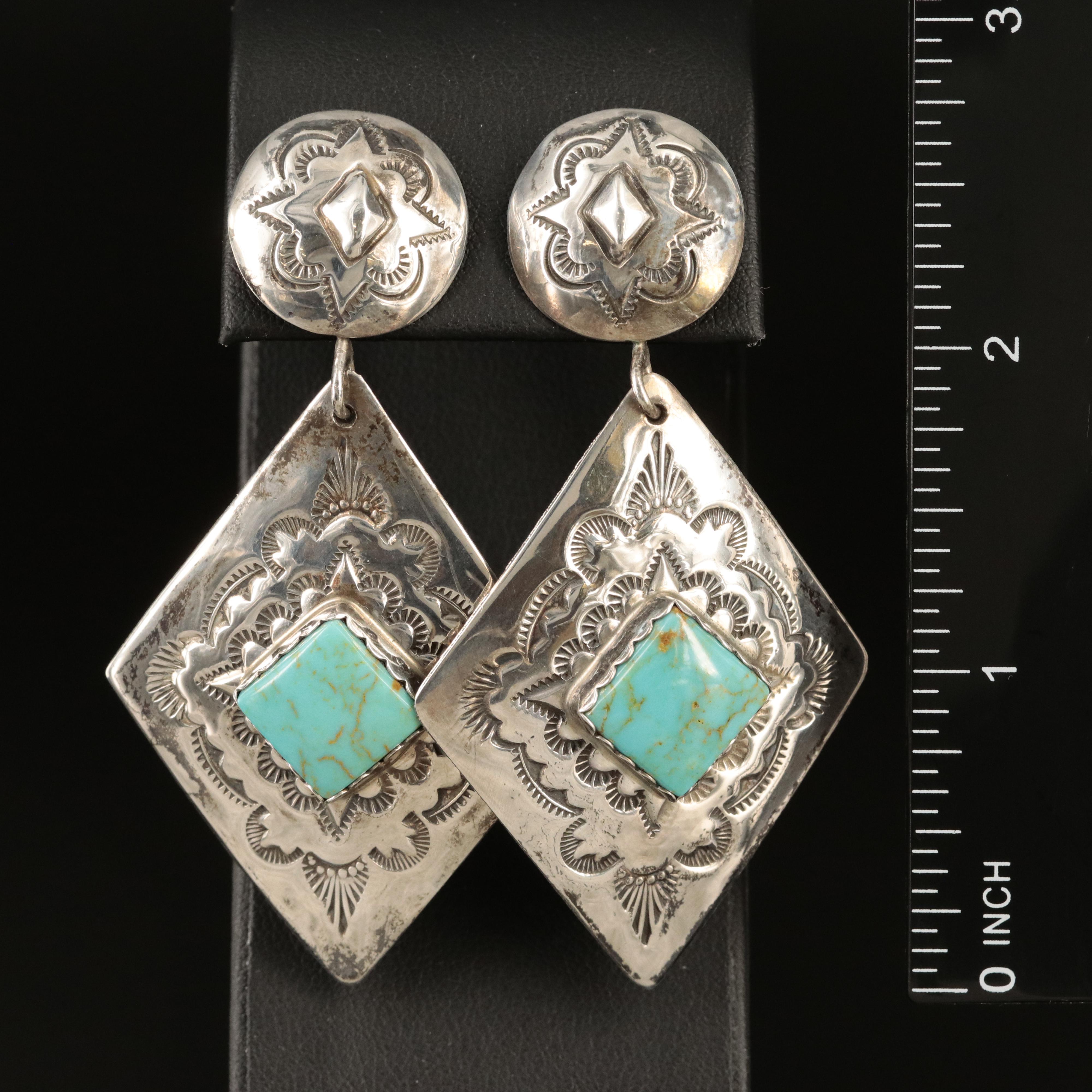 Willie Shaw Navajo Diné Sterling Turquoise Stampwork Earrings