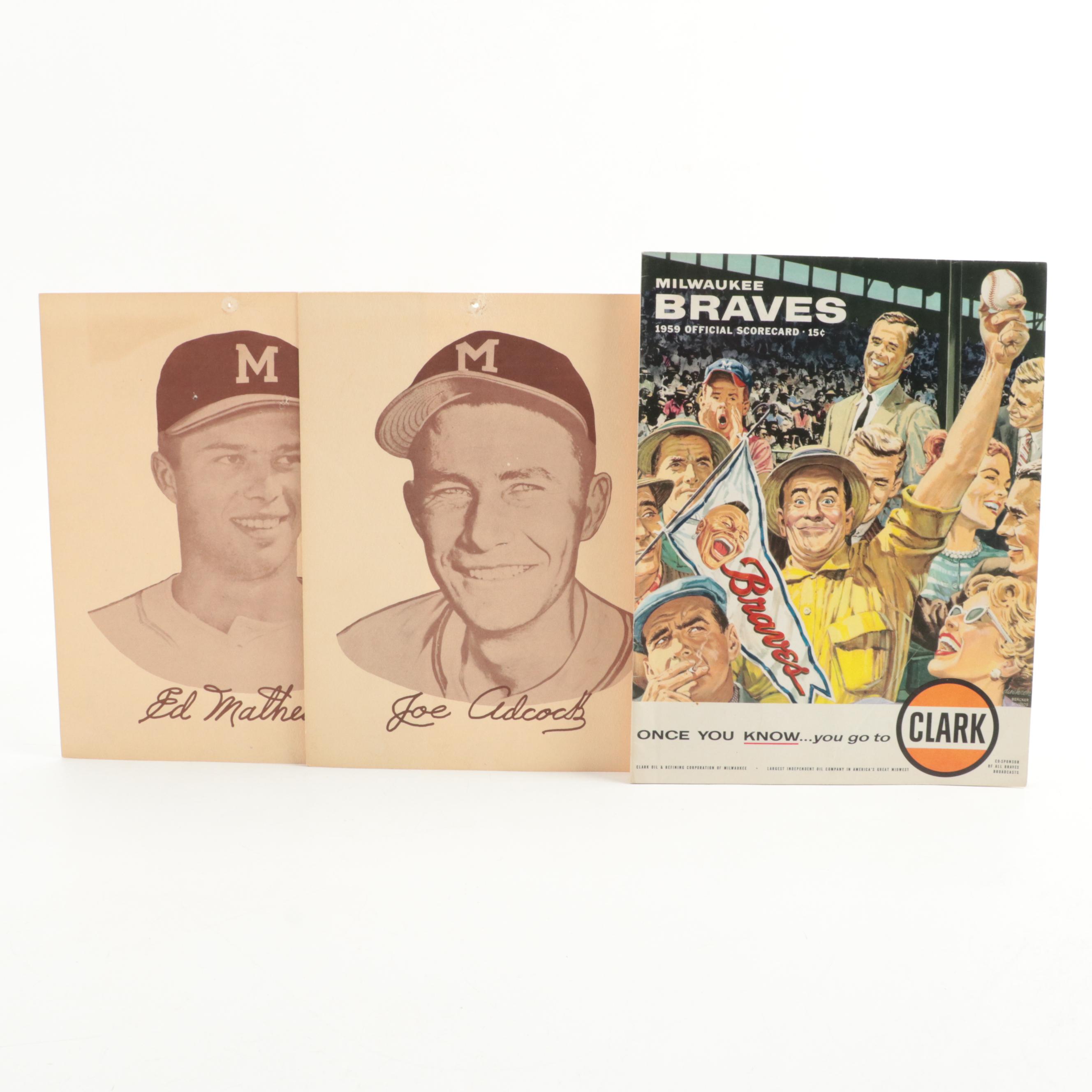 1954 Preferred Products Mathews, Adcock Baseball Portraits with Braves Scorecard