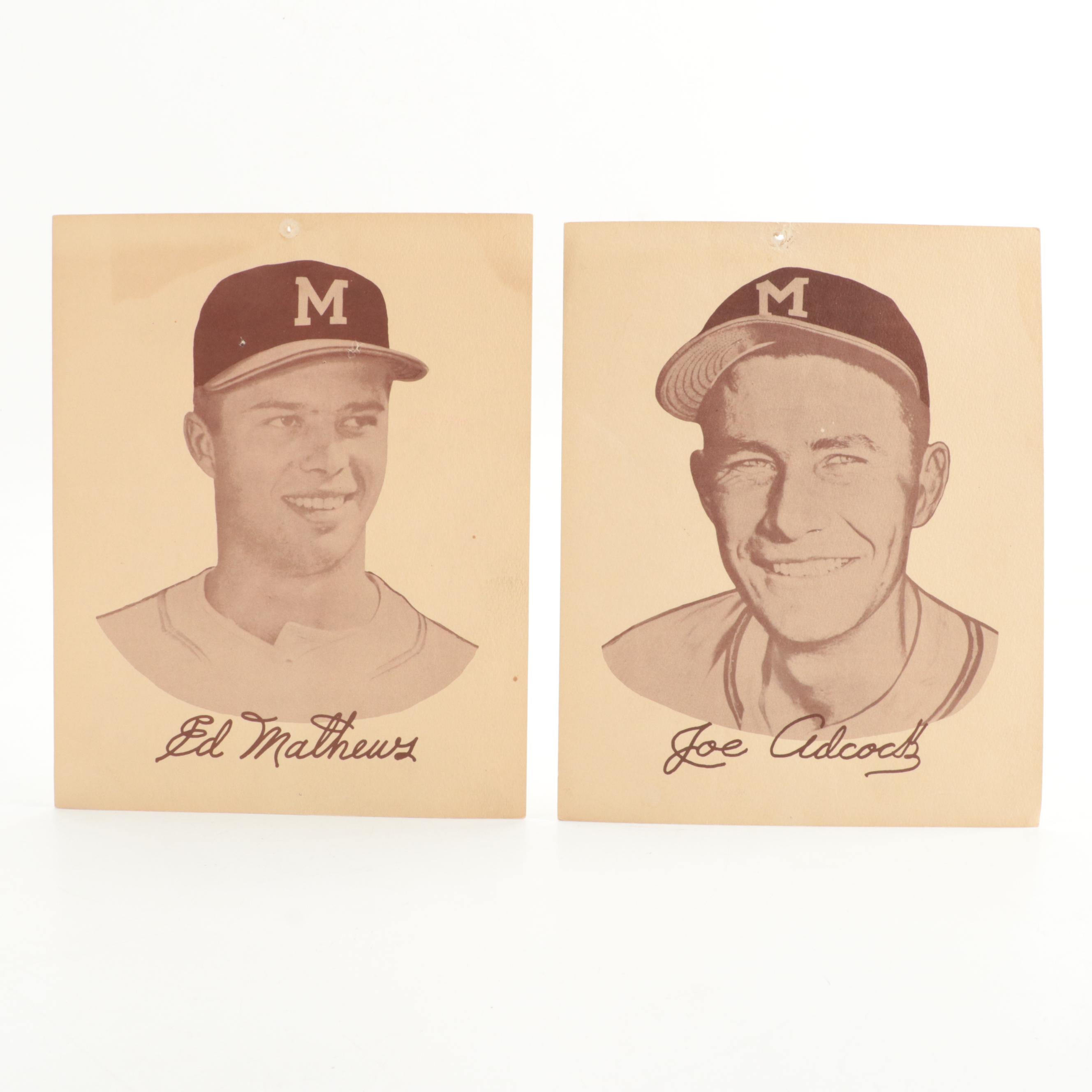 1954 Preferred Products Mathews, Adcock Baseball Portraits with Braves Scorecard