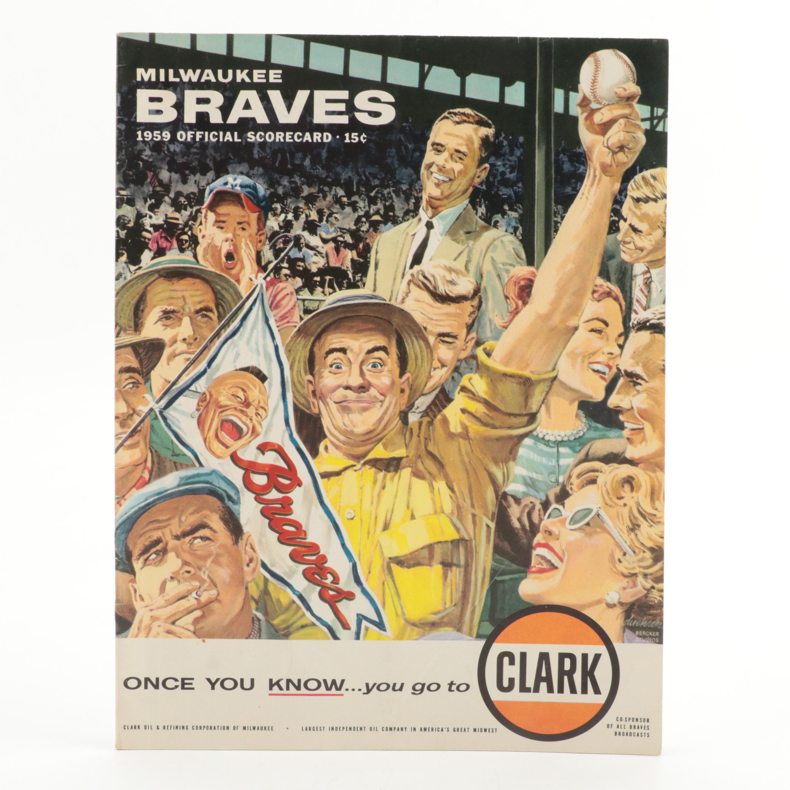 1954 Preferred Products Mathews, Adcock Baseball Portraits with Braves Scorecard