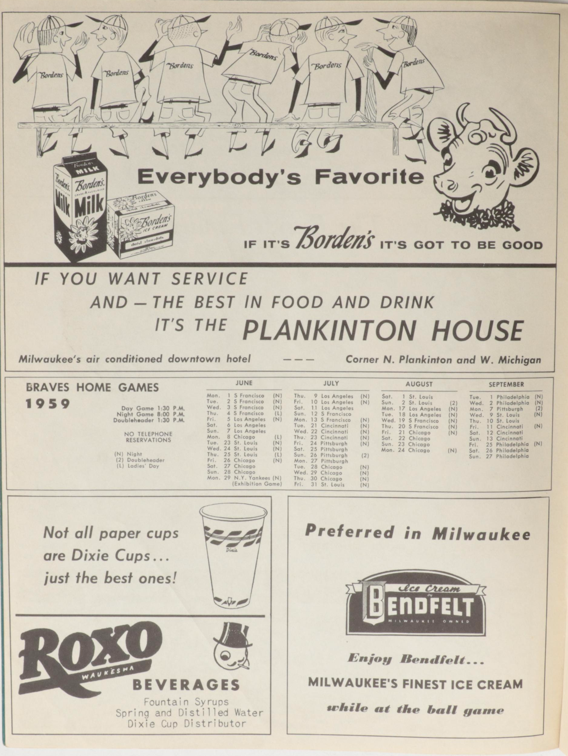 1954 Preferred Products Mathews, Adcock Baseball Portraits with Braves Scorecard