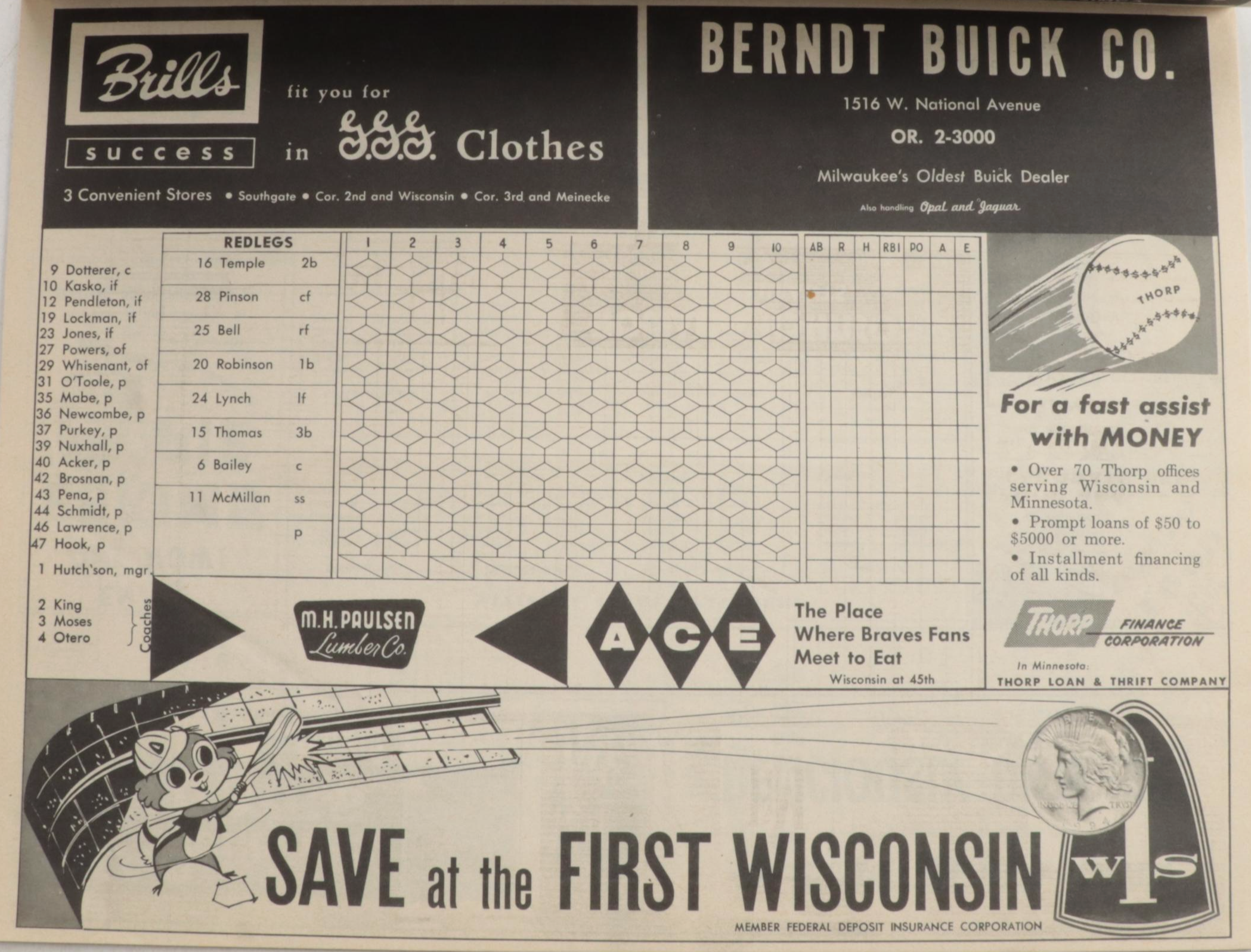 1954 Preferred Products Mathews, Adcock Baseball Portraits with Braves Scorecard