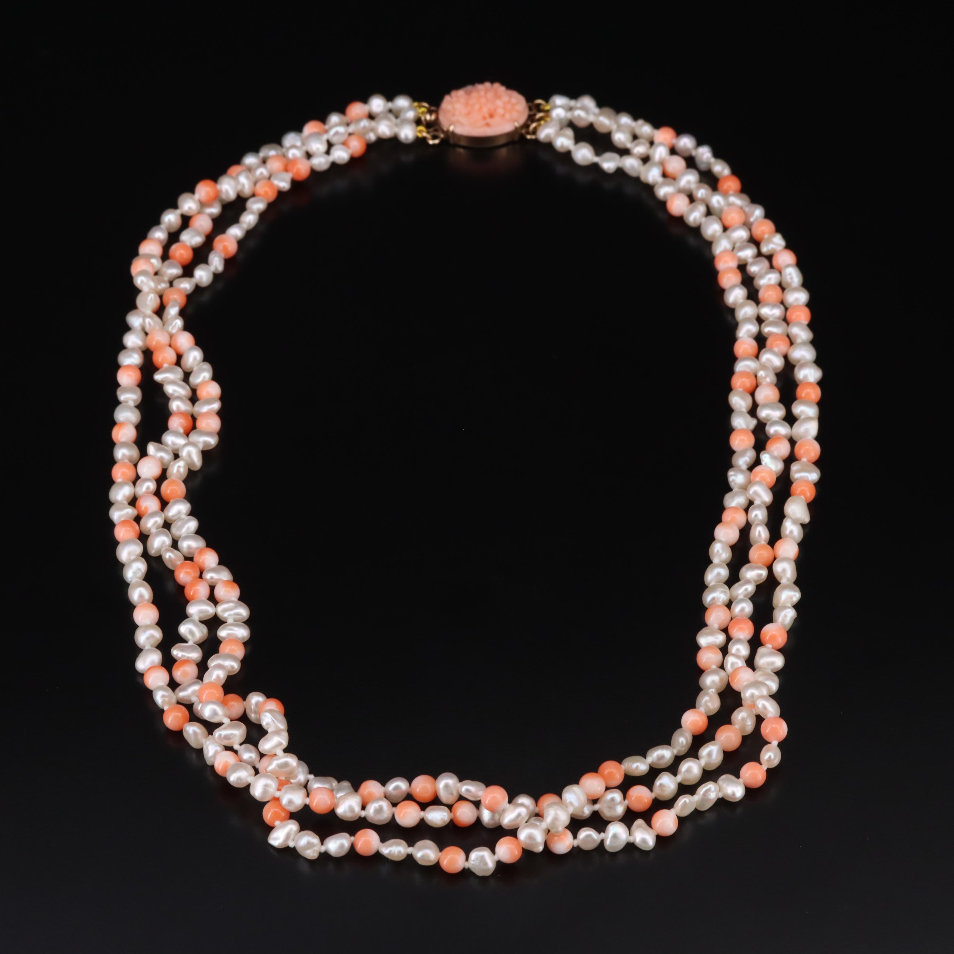 Vintage Coral and Pearl Torsade with 14K Clasp