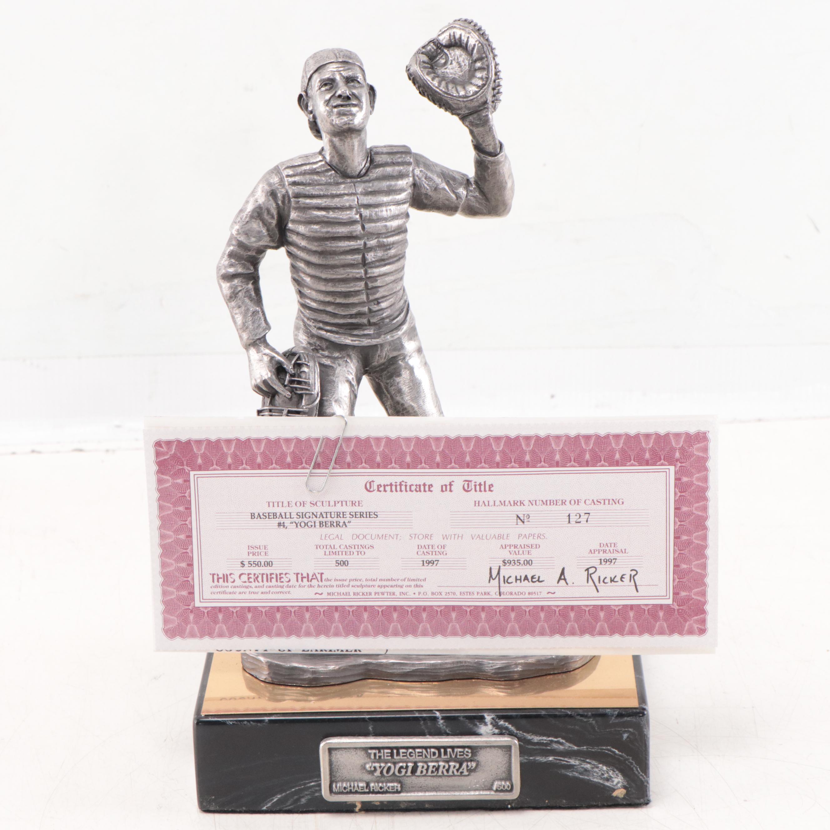 Yogi Berra Signed "The Legend Lives" Pewter Sculpture by Michael Ricker 1997