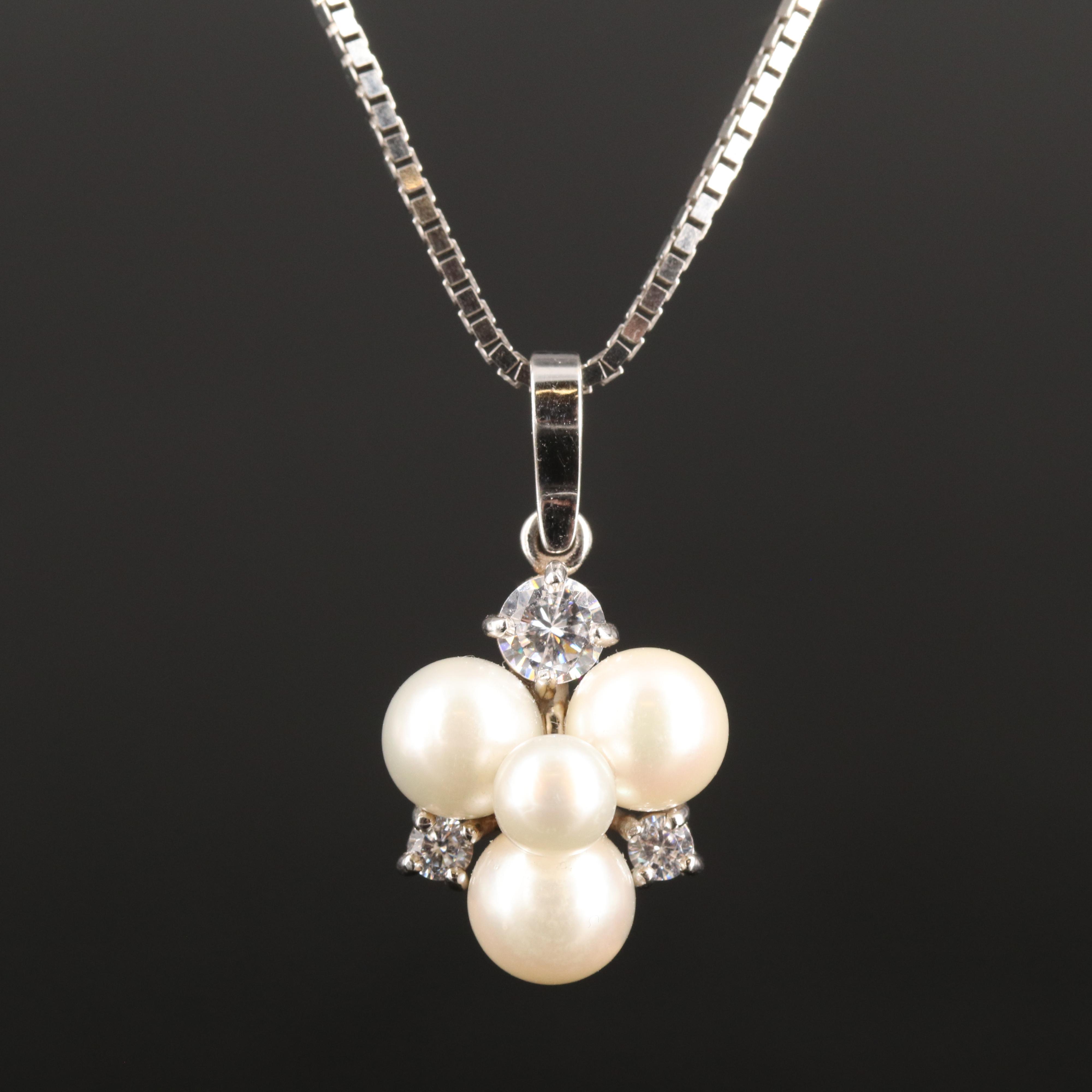 14K Pearl and Cubic Zirconia Cluster Pendant Necklace
