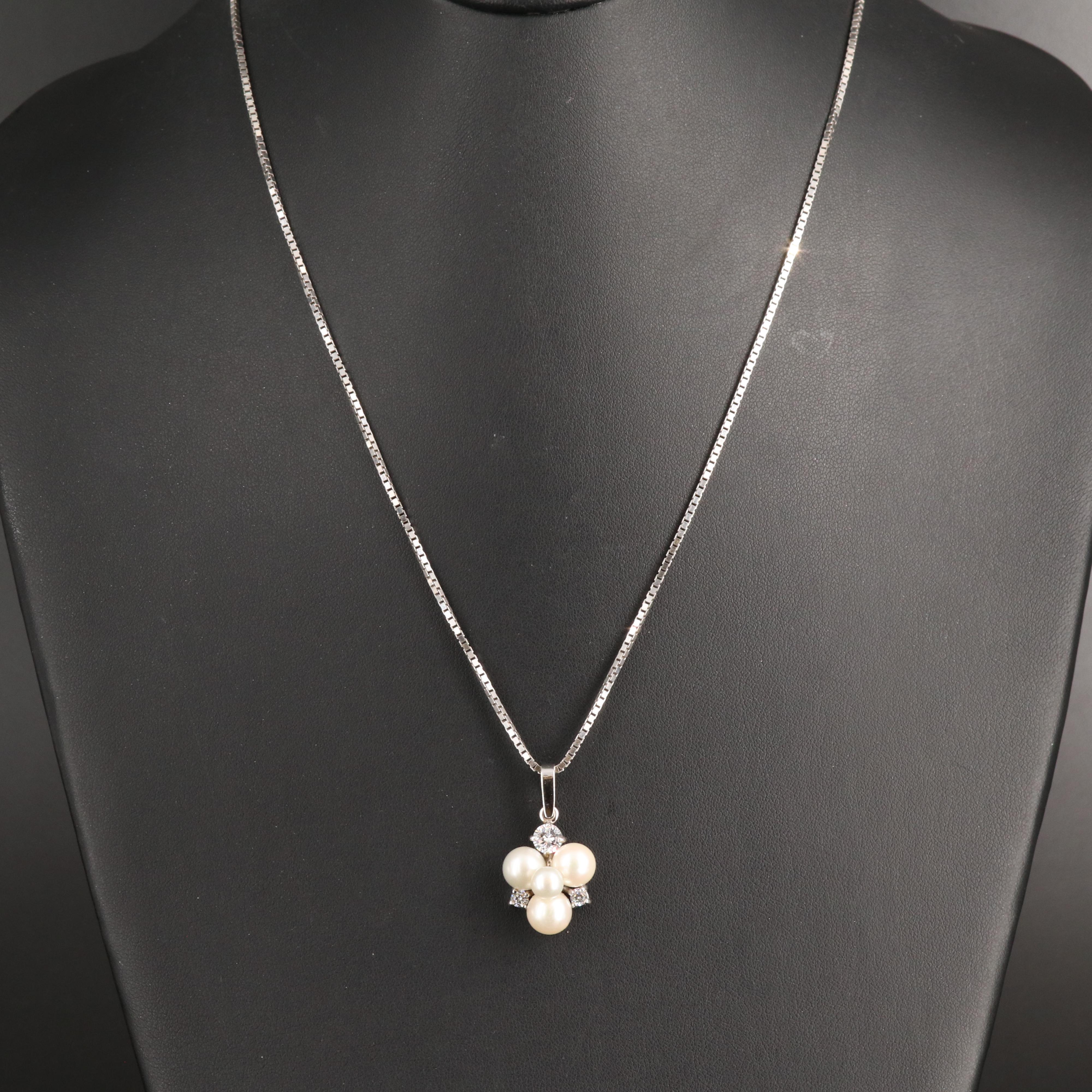 14K Pearl and Cubic Zirconia Cluster Pendant Necklace