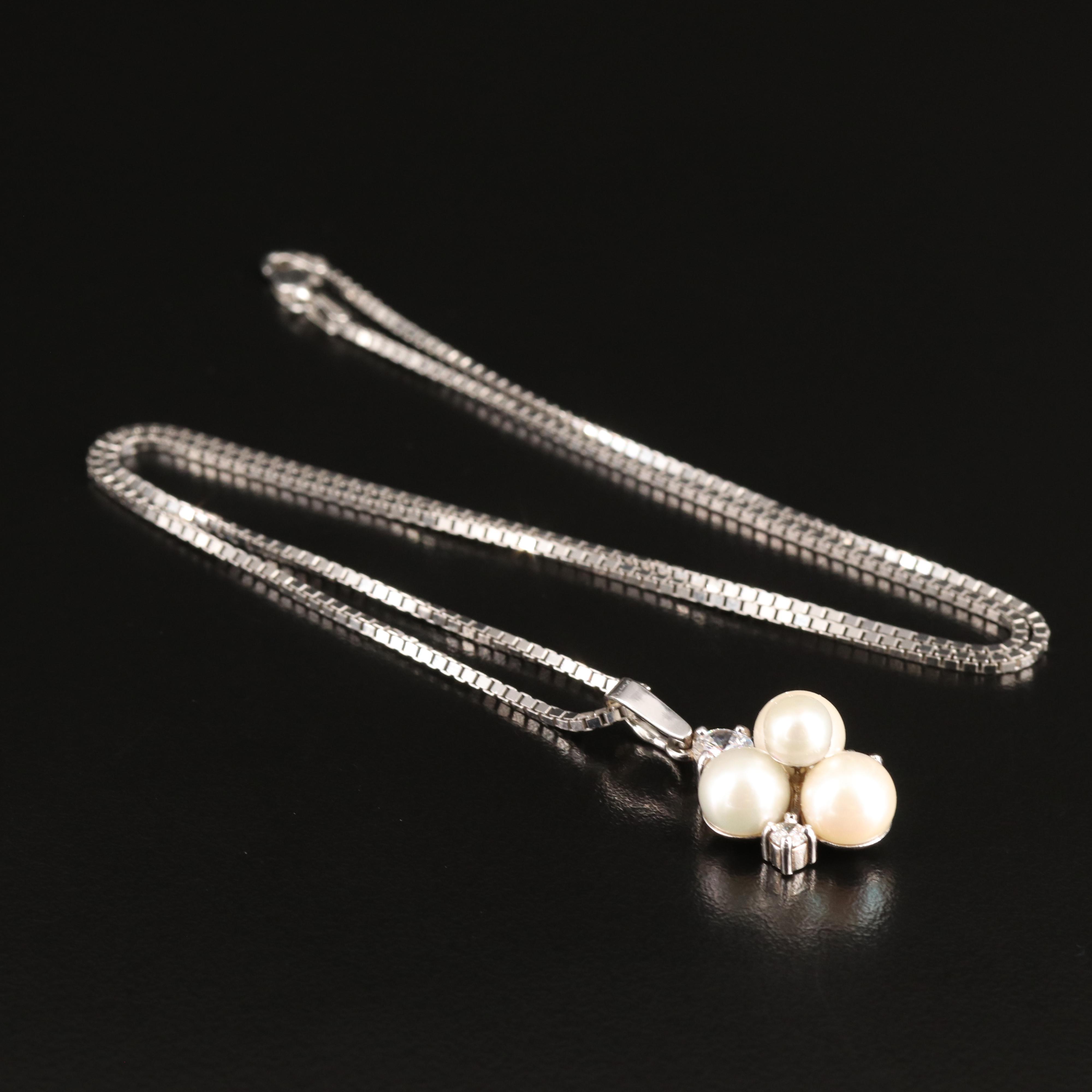 14K Pearl and Cubic Zirconia Cluster Pendant Necklace