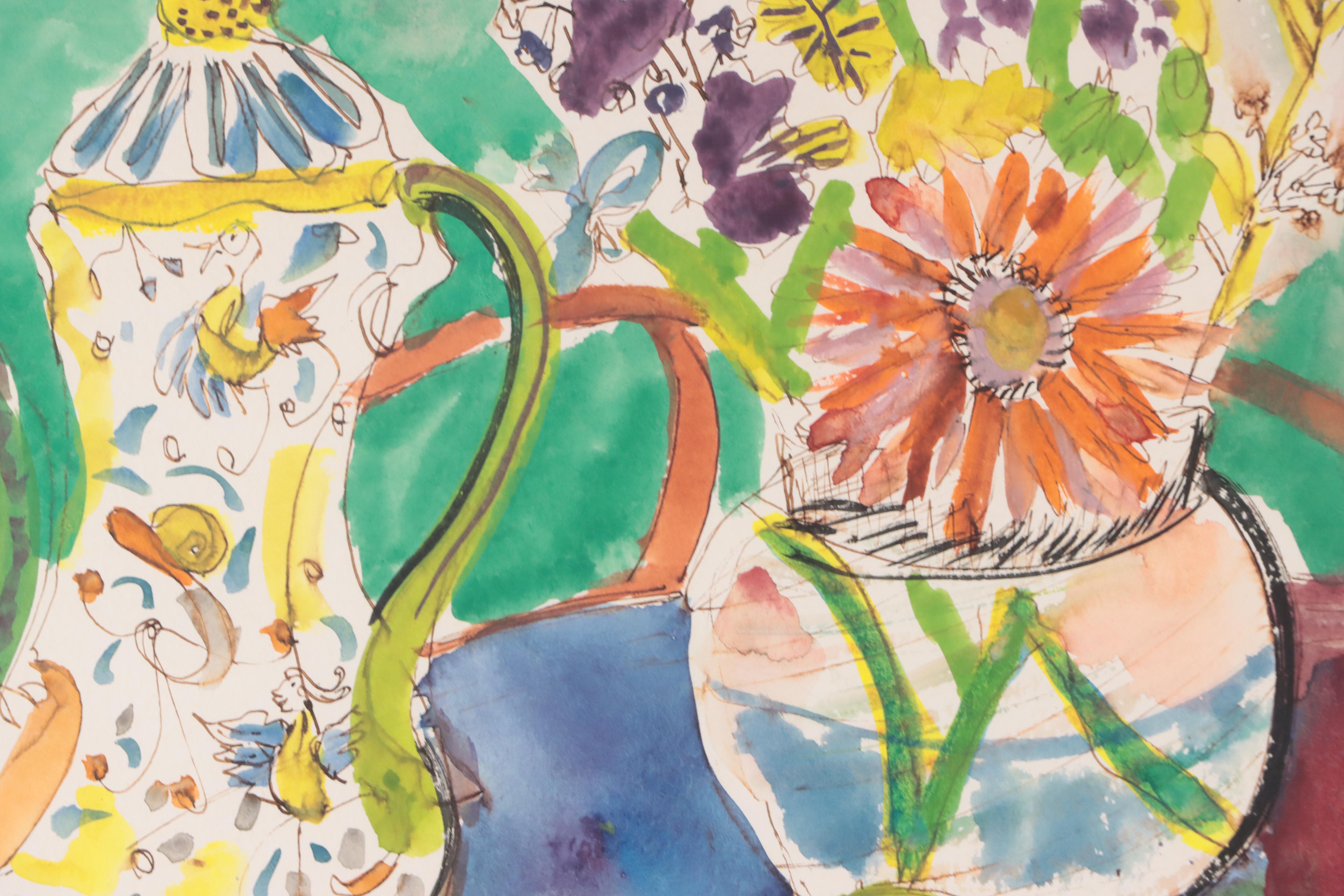 Jeremy Sherer Oberle Watercolor "Italian Teapot and Blue Plate," 1989