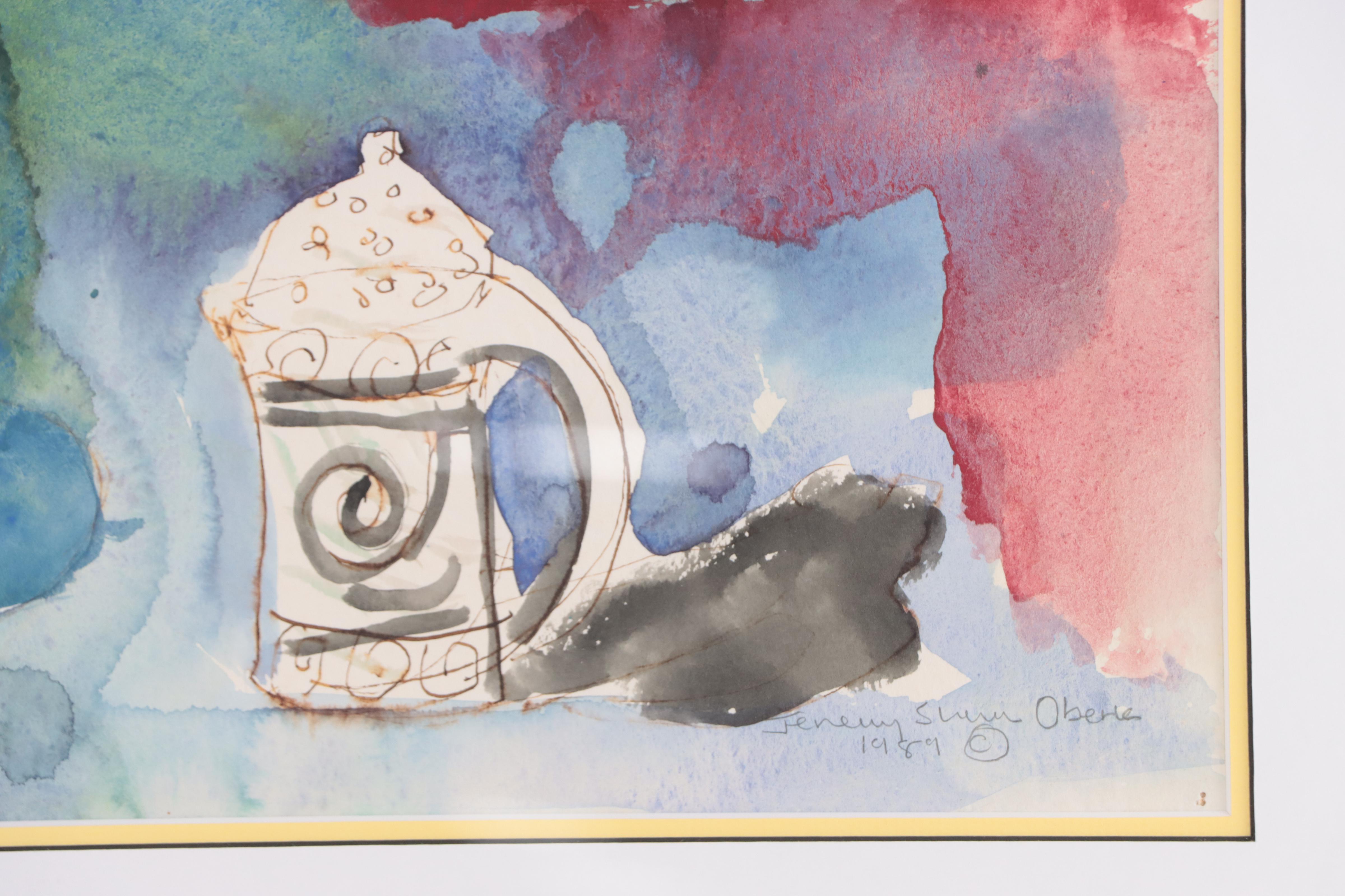 Jeremy Sherer Oberle Watercolor "Italian Teapot and Blue Plate," 1989