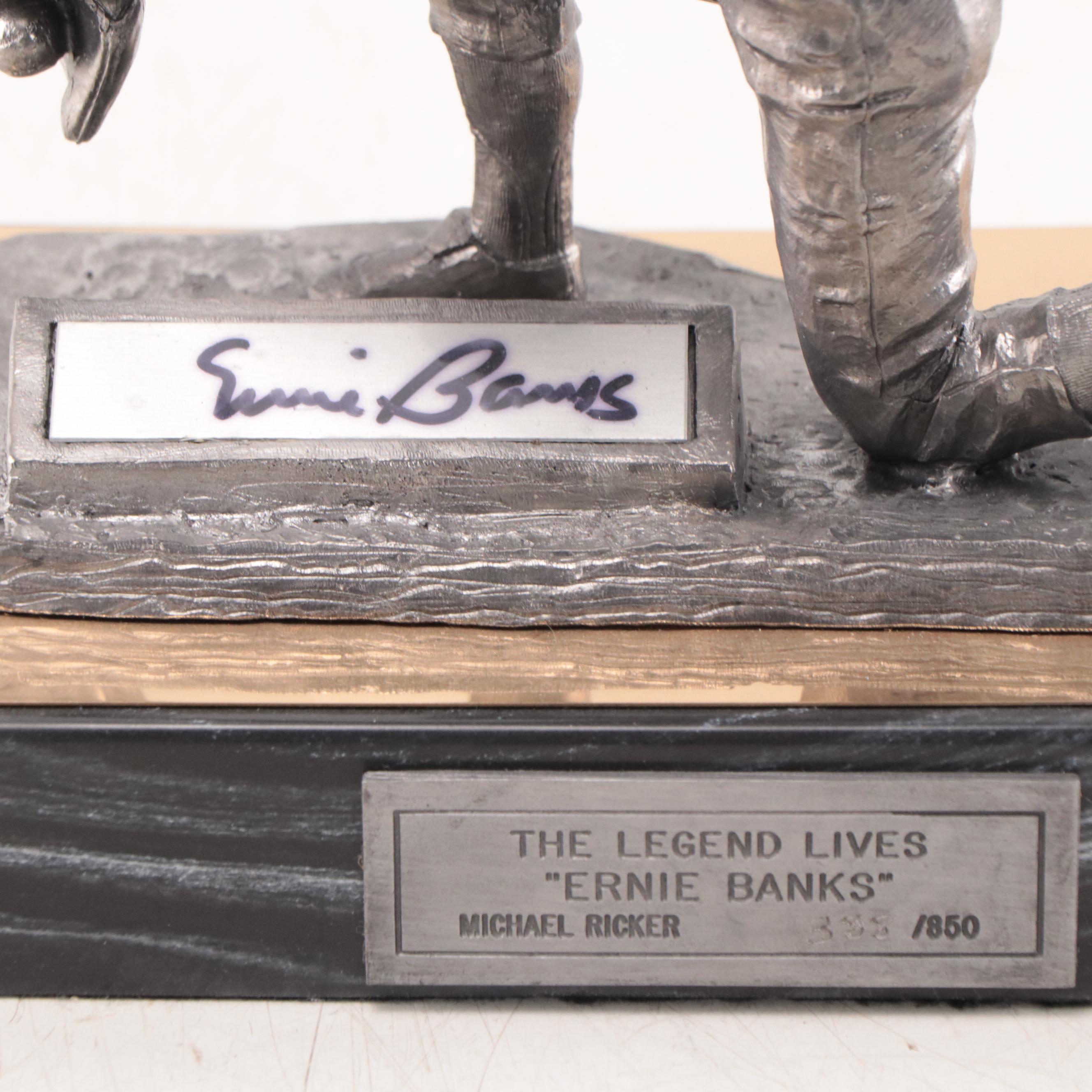 Ernie Banks Signed "The Legend Lives" Pewter Sculpture by Michael Ricker 1995