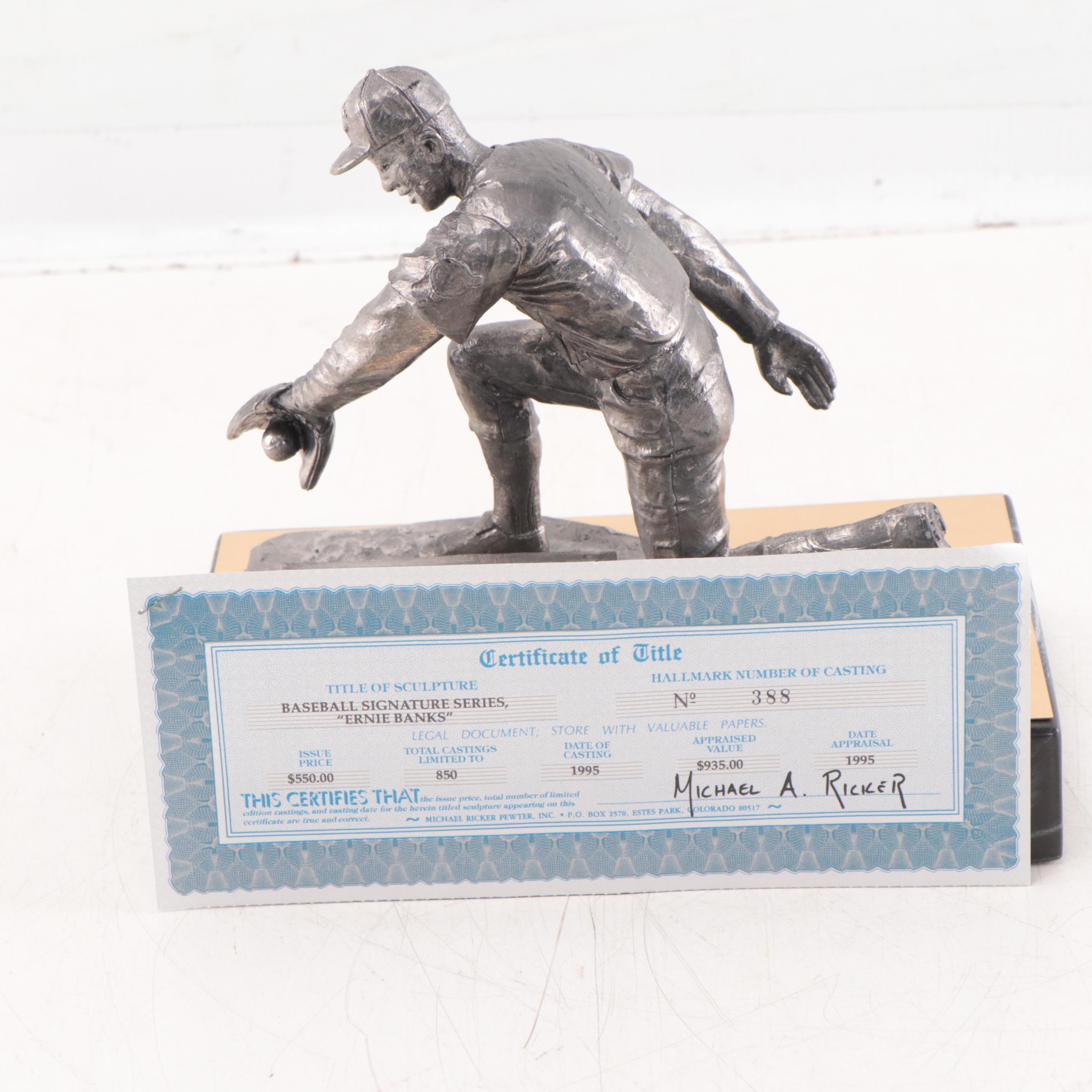 Ernie Banks Signed "The Legend Lives" Pewter Sculpture by Michael Ricker 1995