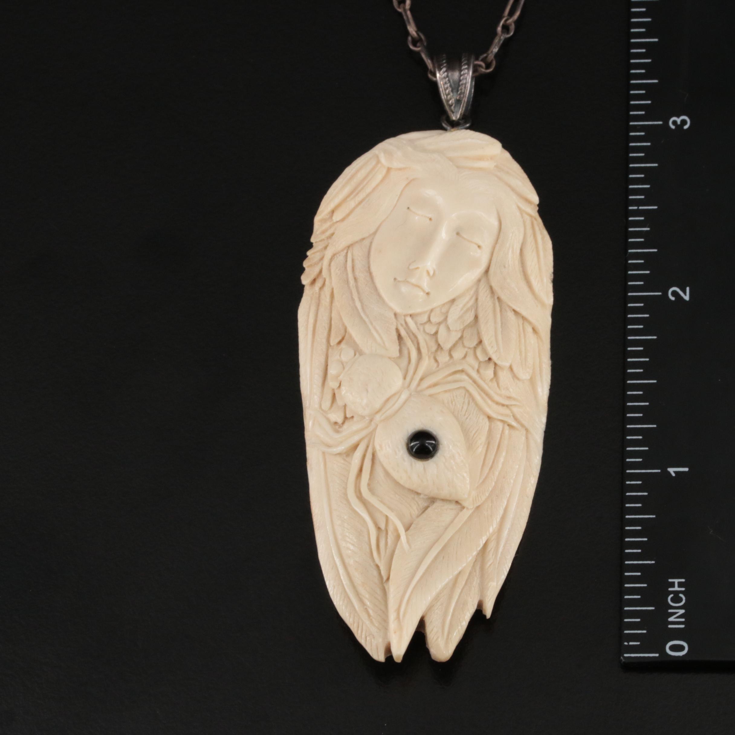 Sterling Carved Bone and Black Onyx Creation Story Spider Woman Necklace
