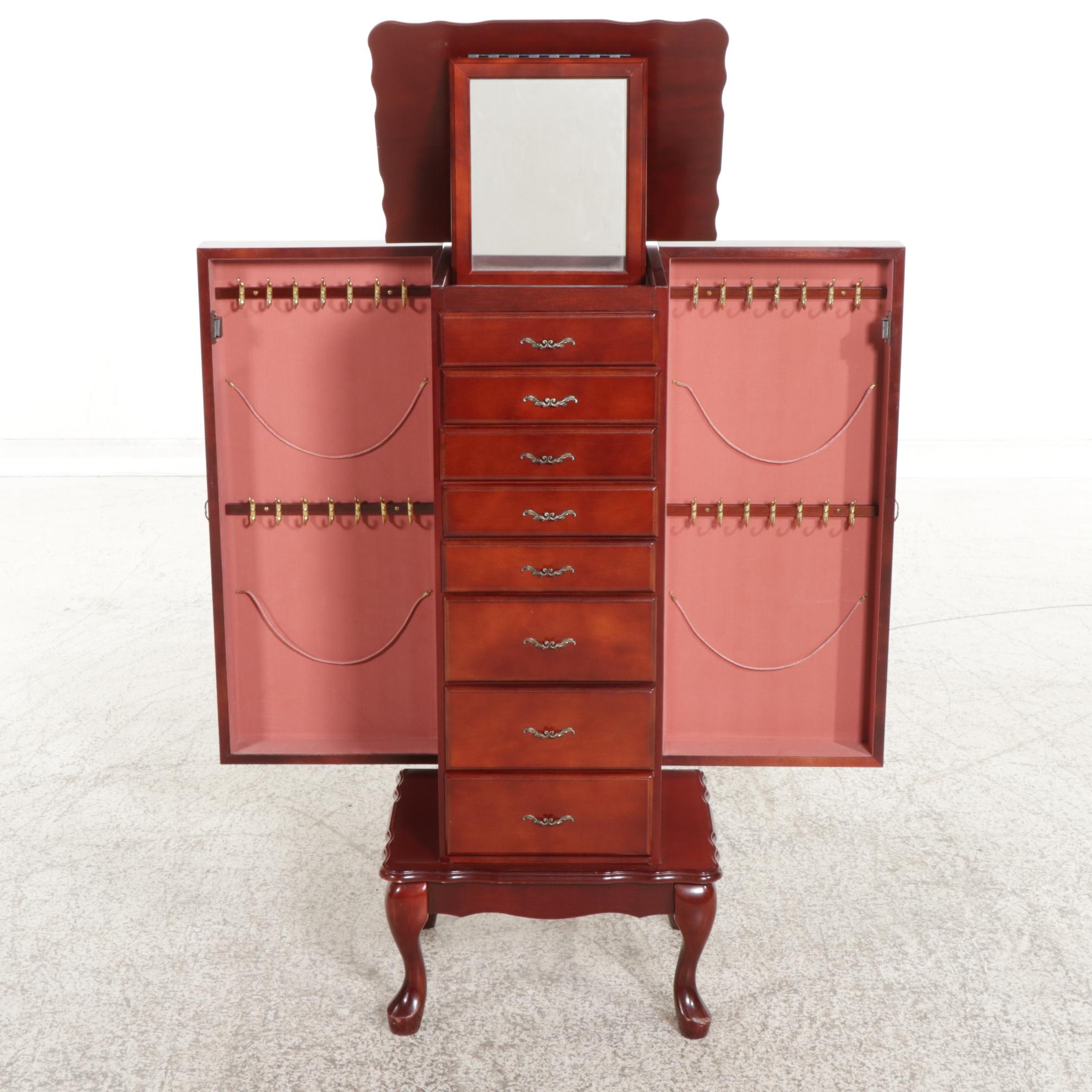 Powell Queen Anne Style Cherry-Stained Jewelry Armoire, Late 20th Century