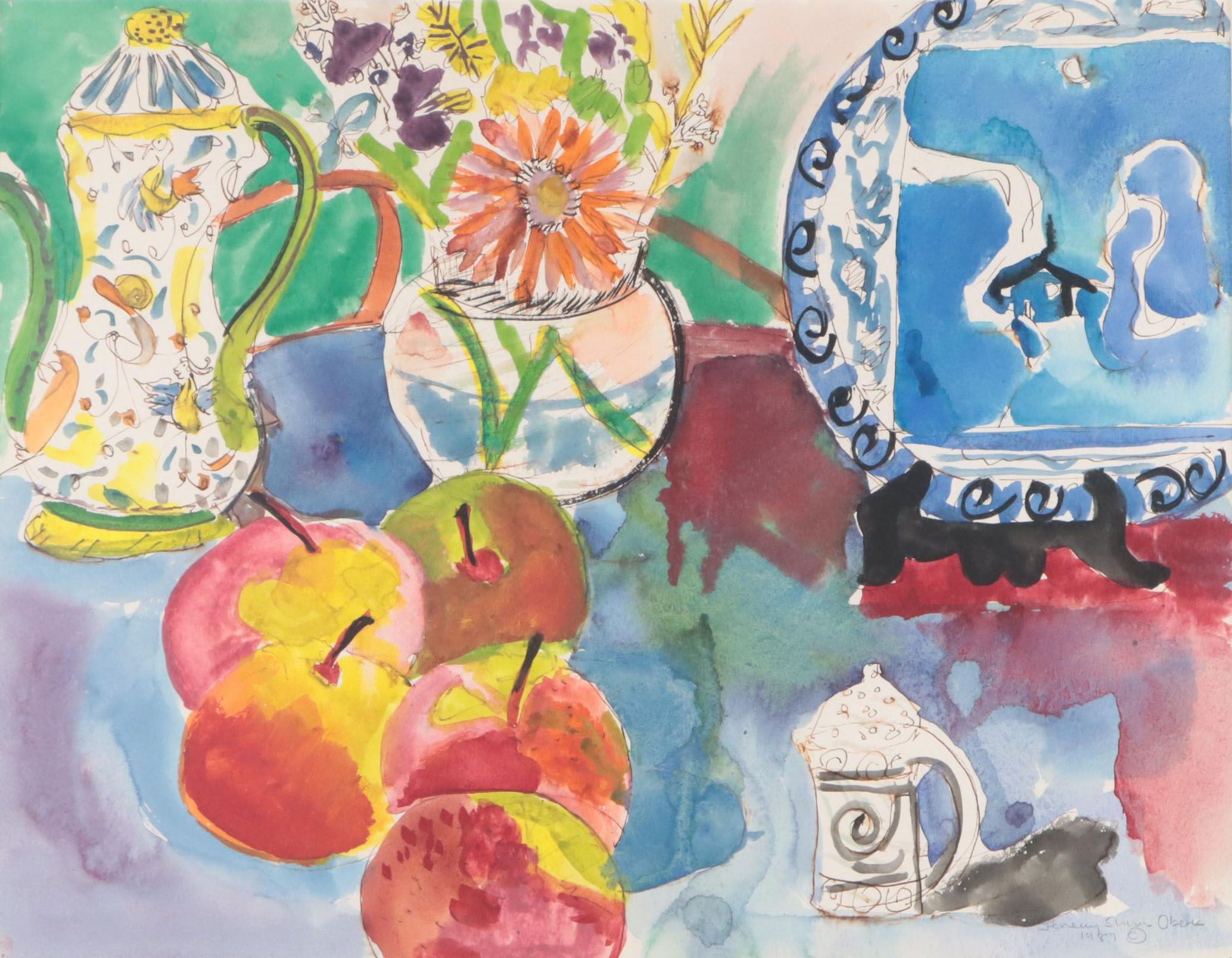Jeremy Sherer Oberle Watercolor "Italian Teapot and Blue Plate," 1989