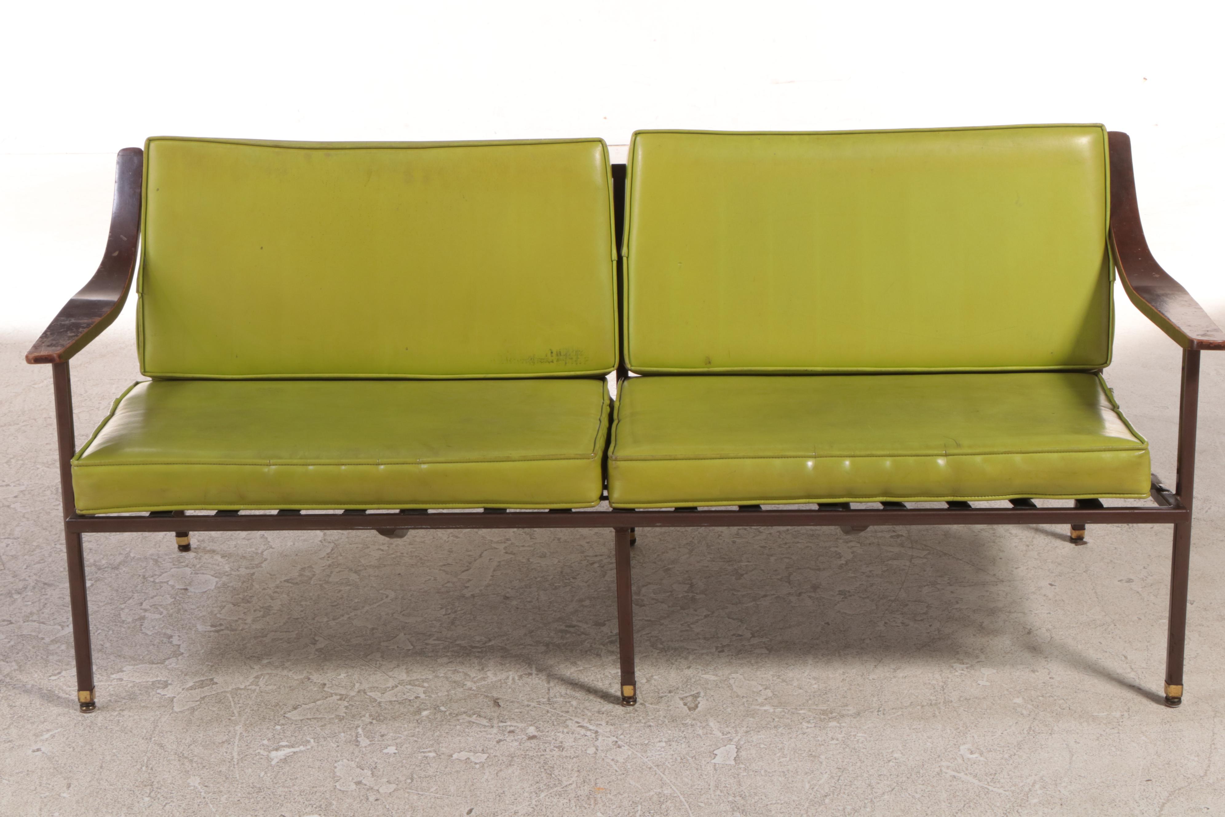 Mid Century Modern Powder-Coated Steel, Hardwood, and Green Vinyl Settee