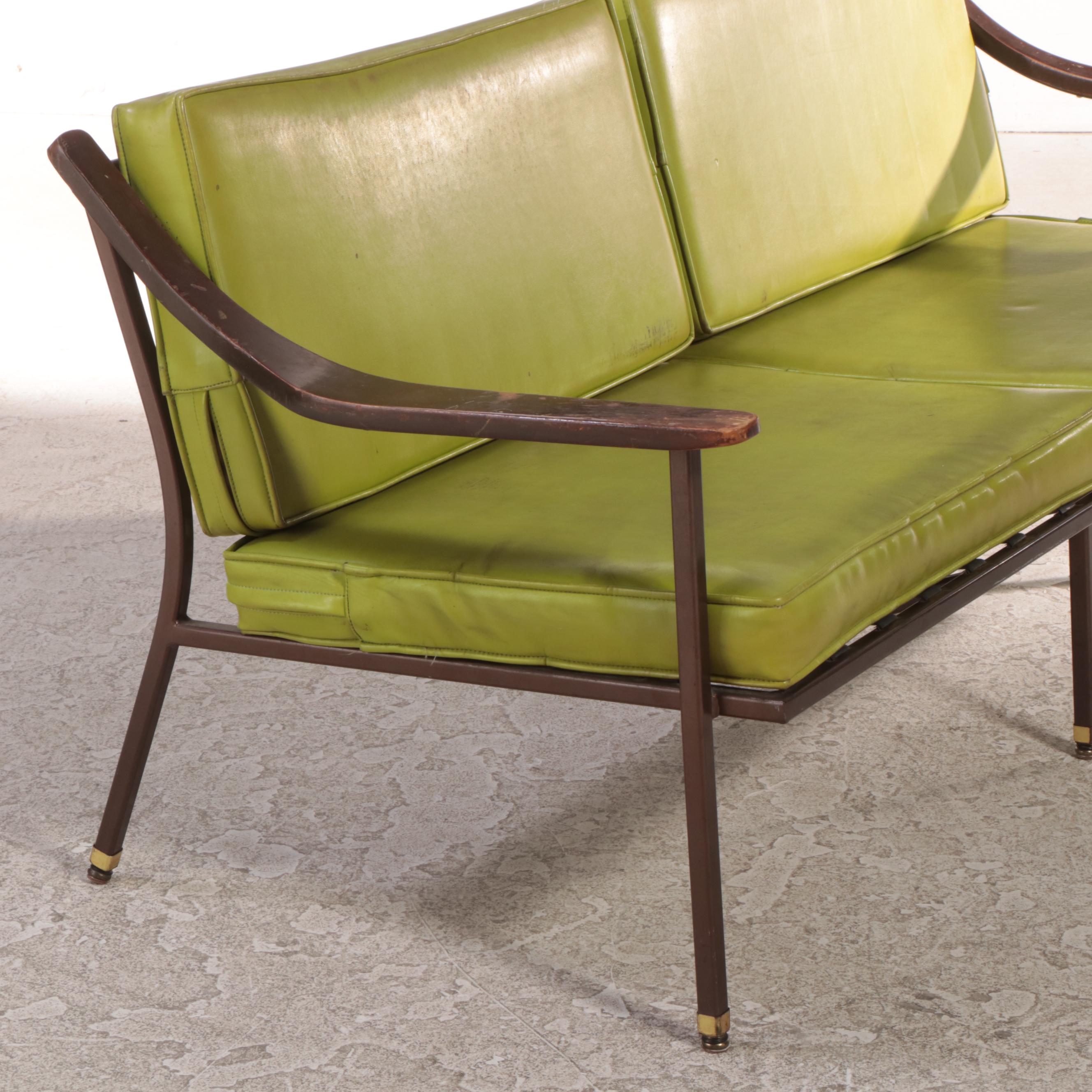 Mid Century Modern Powder-Coated Steel, Hardwood, and Green Vinyl Settee