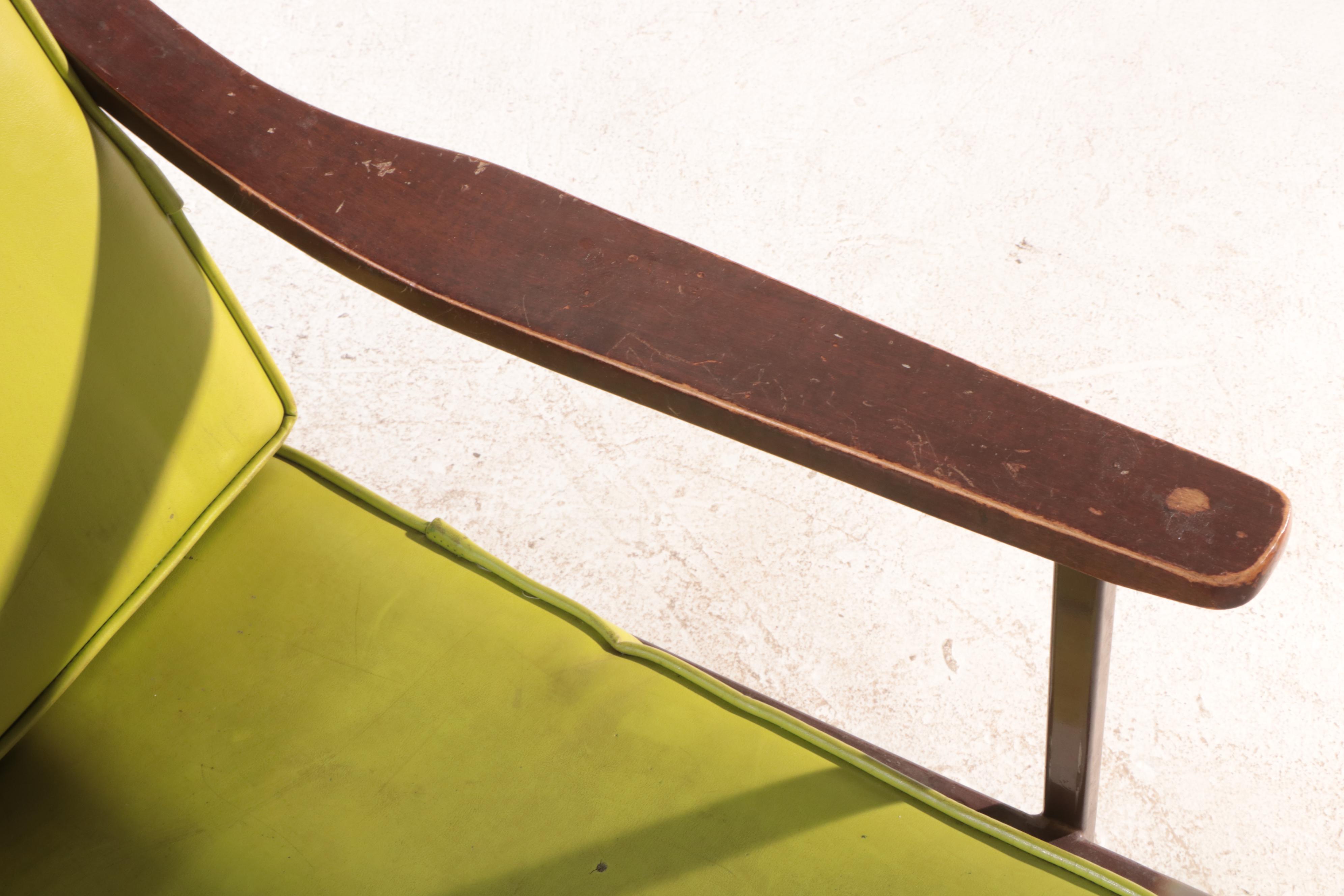 Mid Century Modern Powder-Coated Steel, Hardwood, and Green Vinyl Settee