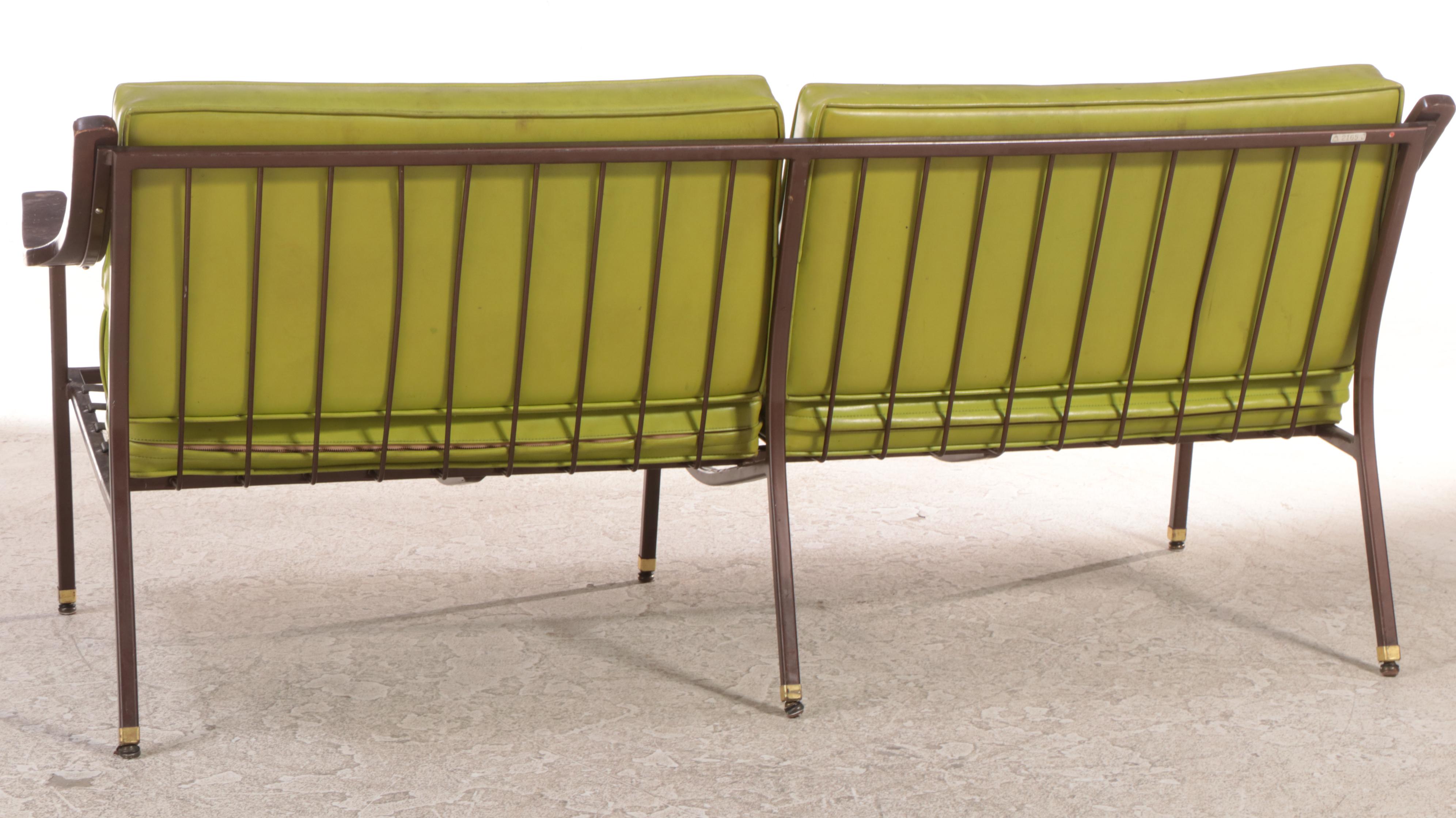 Mid Century Modern Powder-Coated Steel, Hardwood, and Green Vinyl Settee