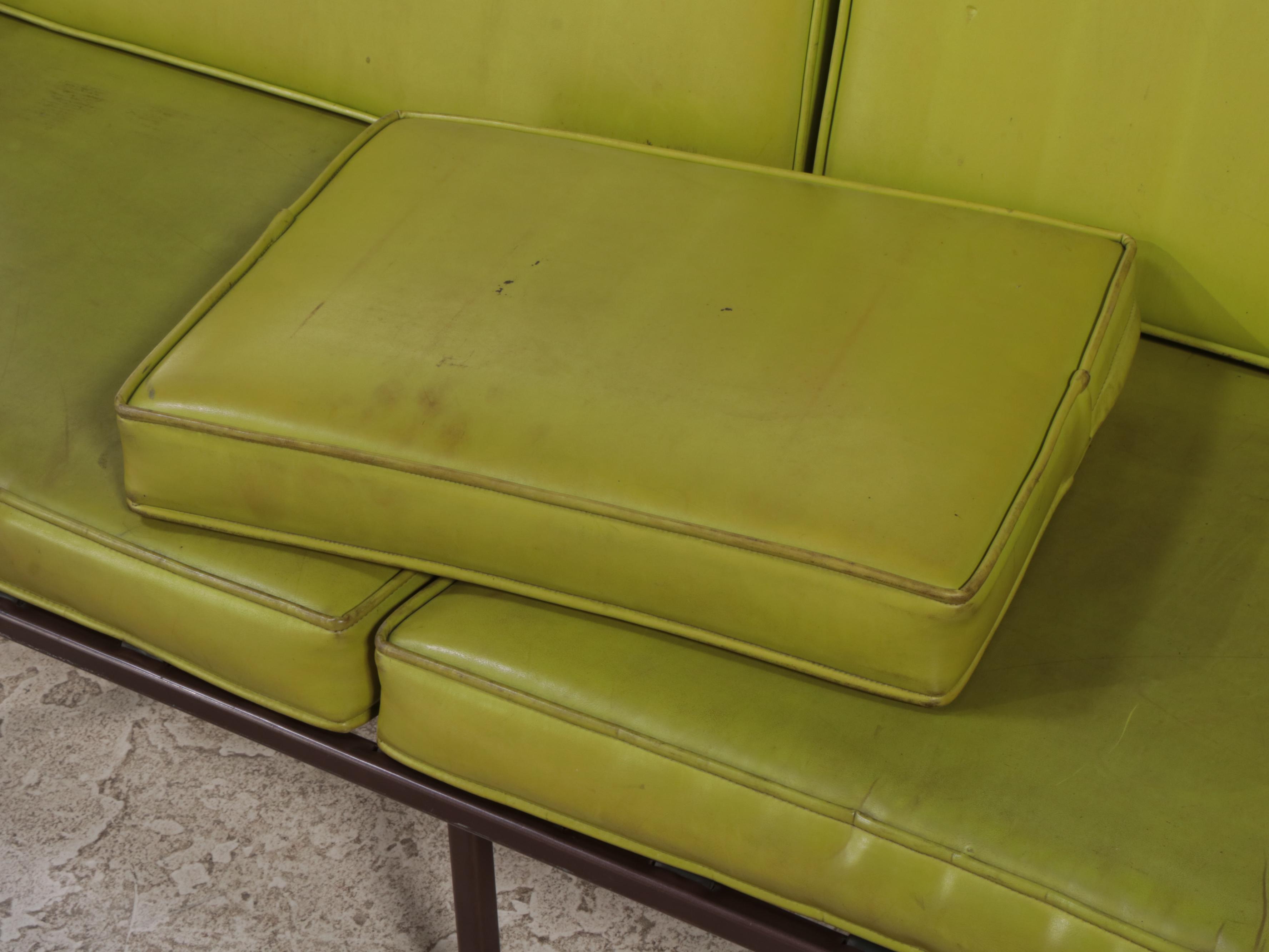 Mid Century Modern Powder-Coated Steel, Hardwood, and Green Vinyl Settee