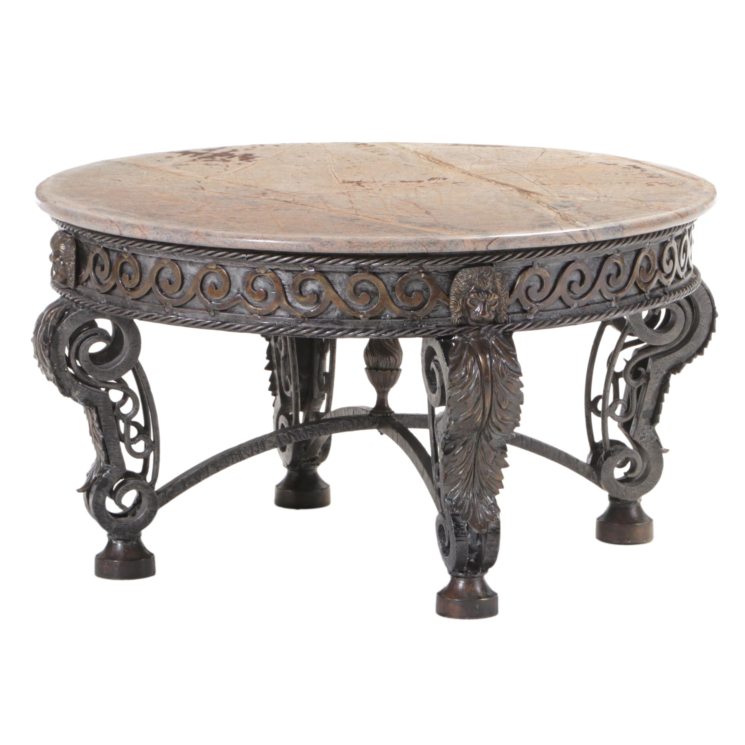 Brass-Mounted Iron and Marble Top Coffee Table