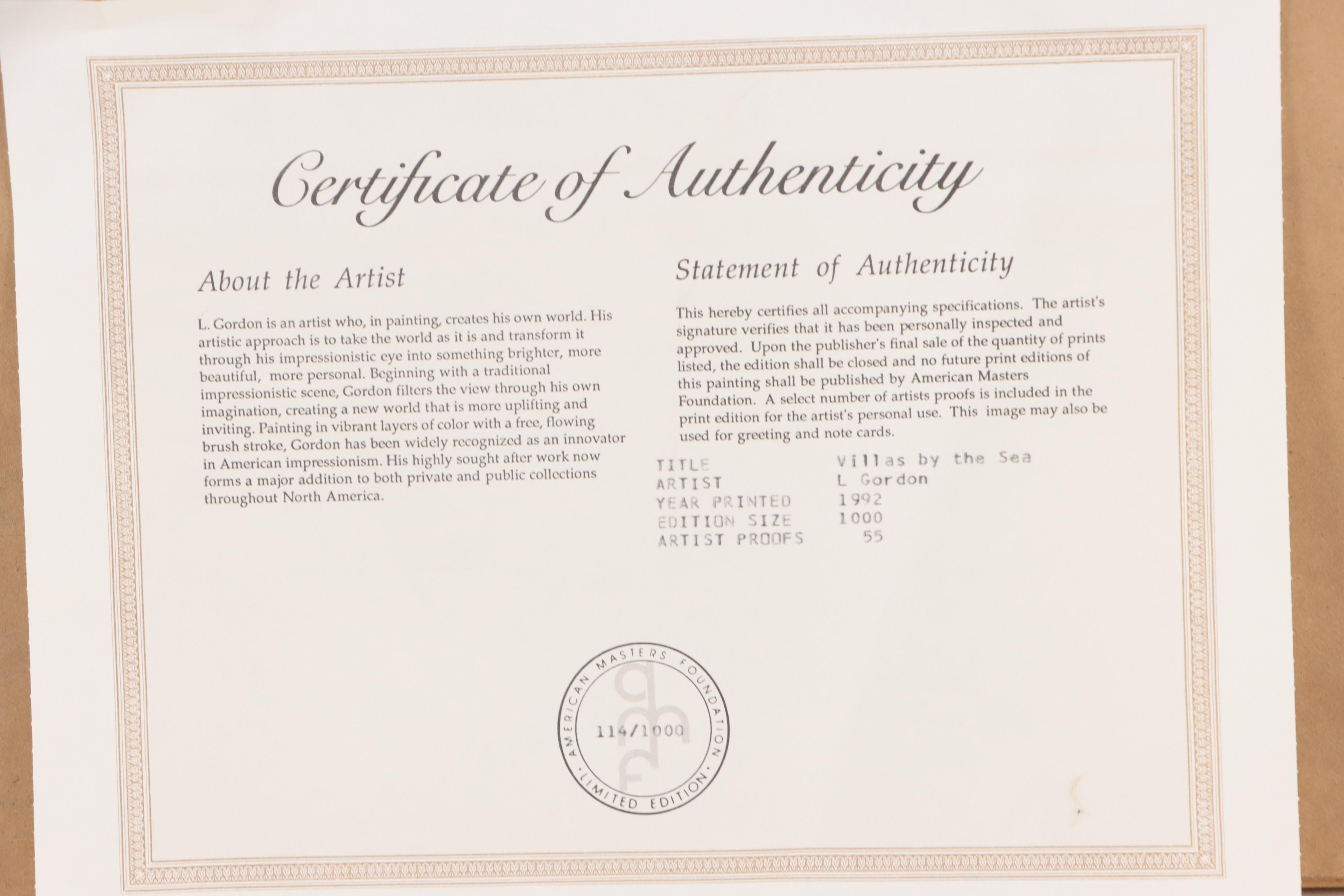 L. Gordon Offset Lithograph "Villas by the Sea," 1992