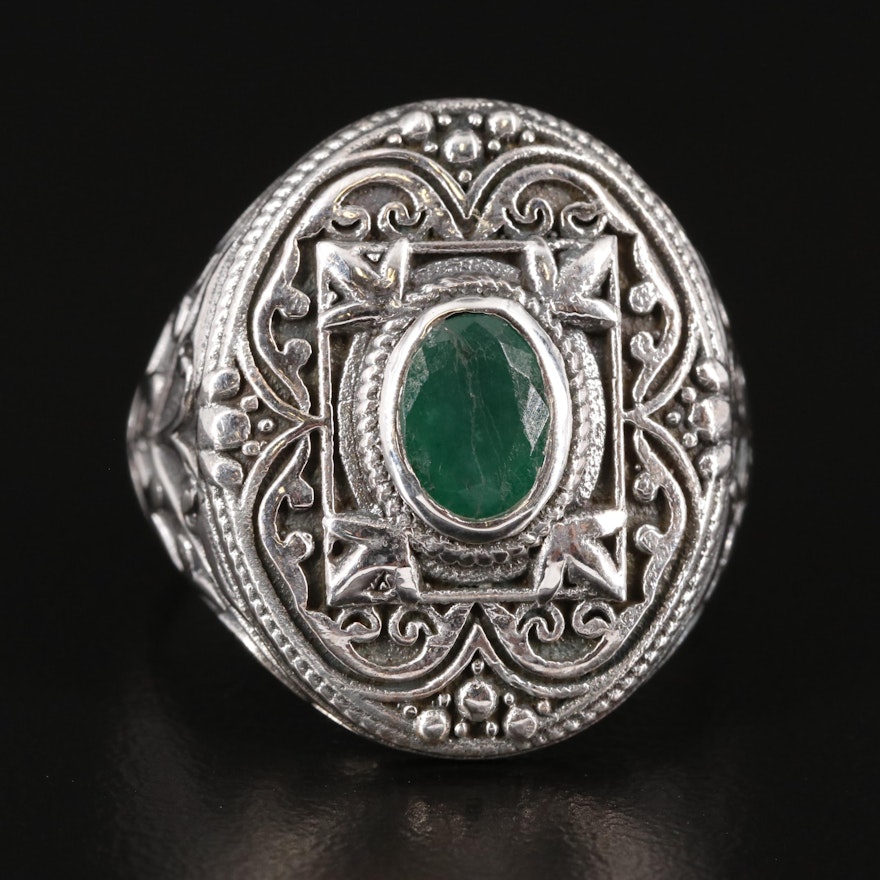 Sterling Emerald Scrollwork Ring