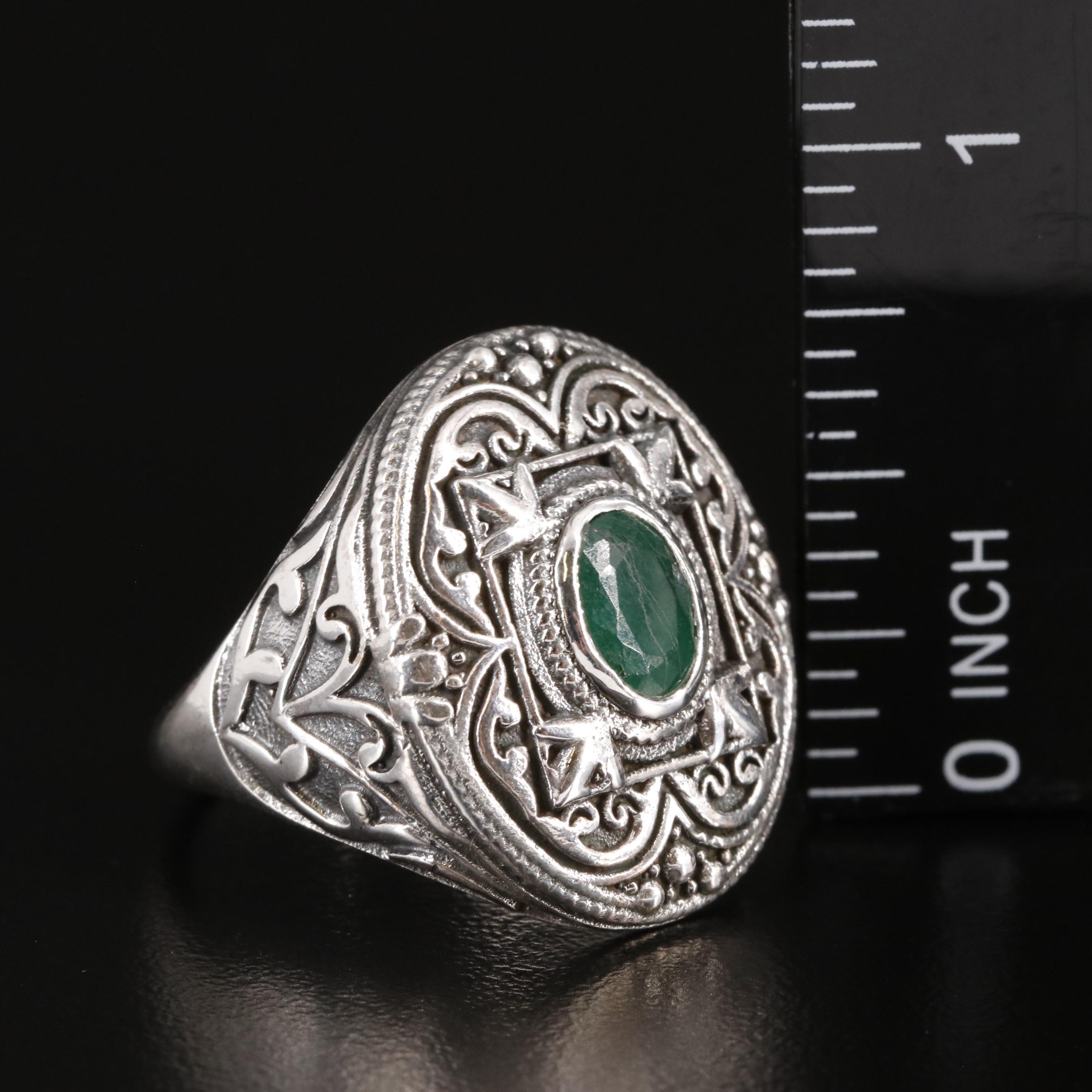 Sterling Emerald Scrollwork Ring