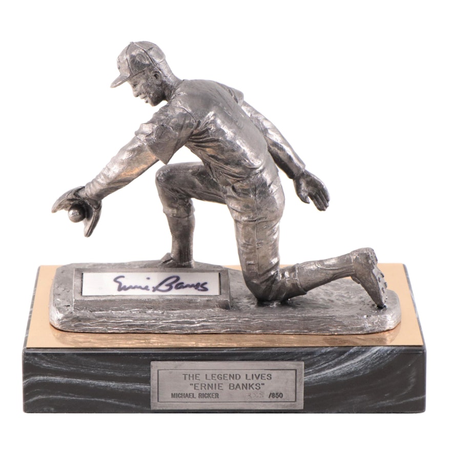 Ernie Banks Signed "The Legend Lives" Pewter Sculpture by Michael Ricker 1995