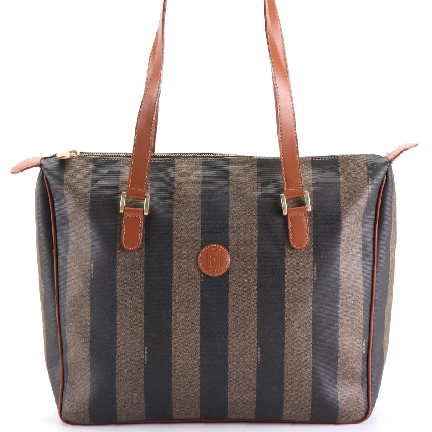 Fendi Shoulder Tote in Pequin Stripe Coated Canvas with Leather Trim