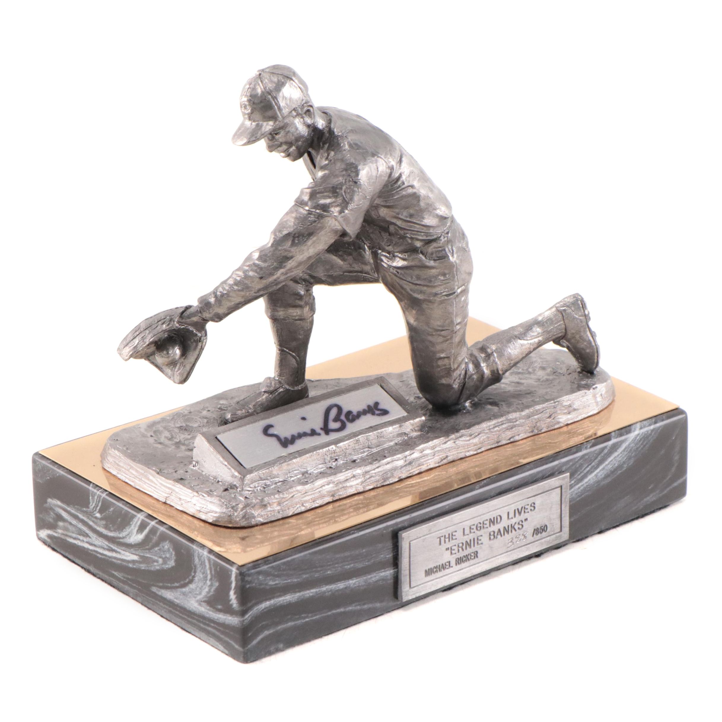 Ernie Banks Signed "The Legend Lives" Pewter Sculpture by Michael Ricker 1995