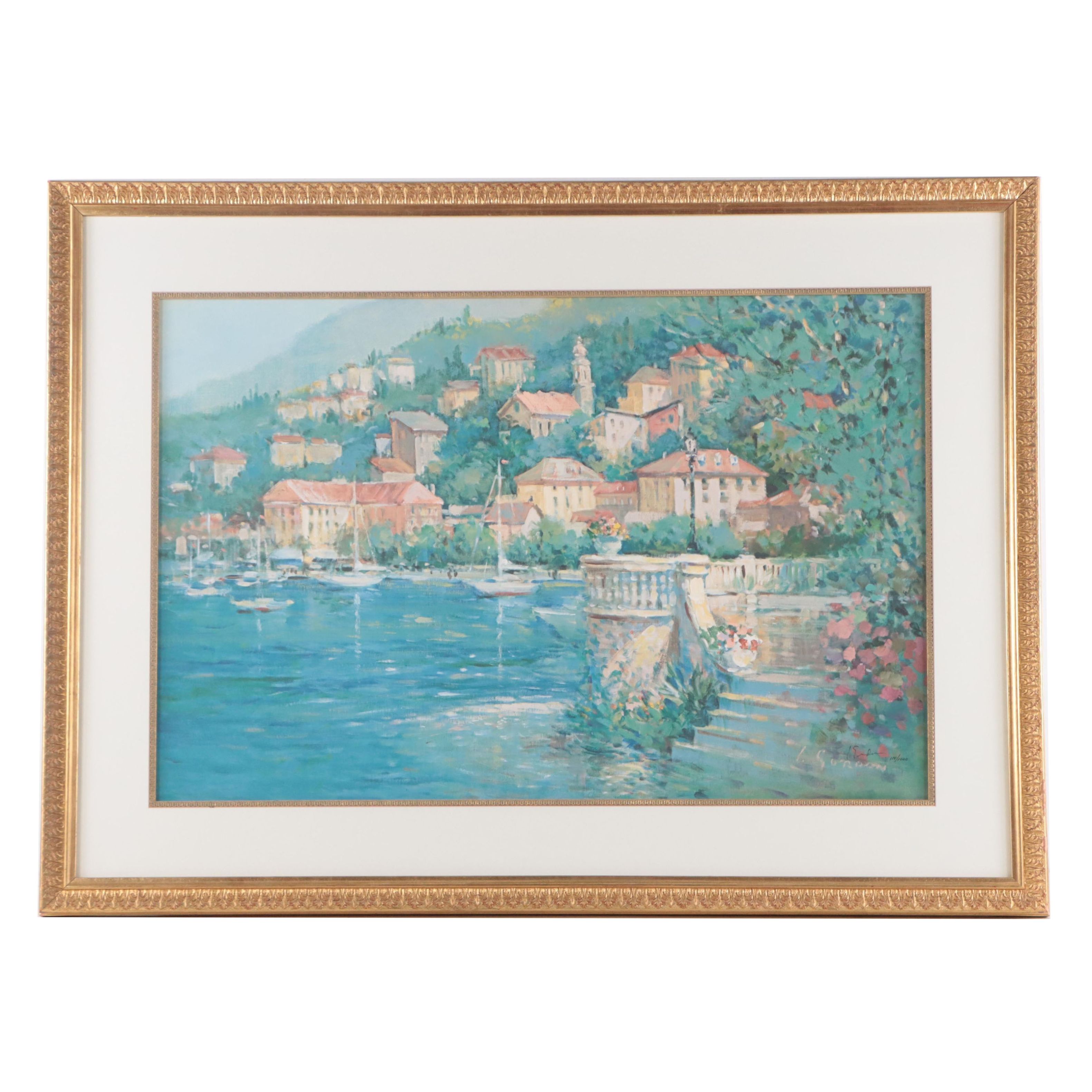 L. Gordon Offset Lithograph "Villas by the Sea," 1992