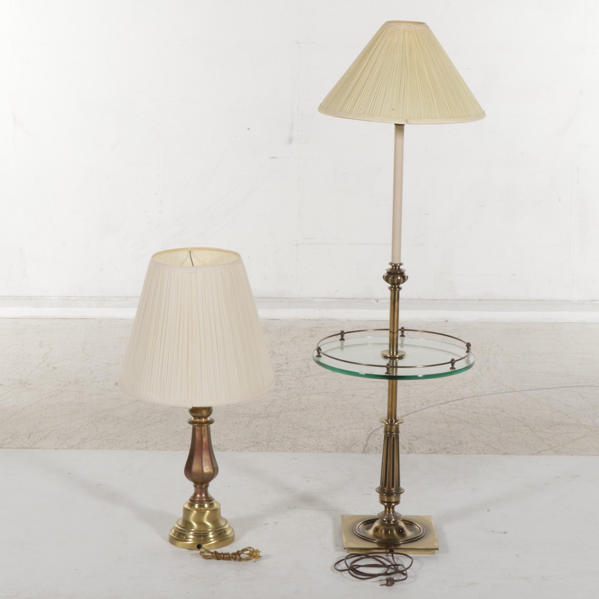 Stiffel Cast Brass and Glass Table Floor Lamp with Baluster Table Lamp, 1970s