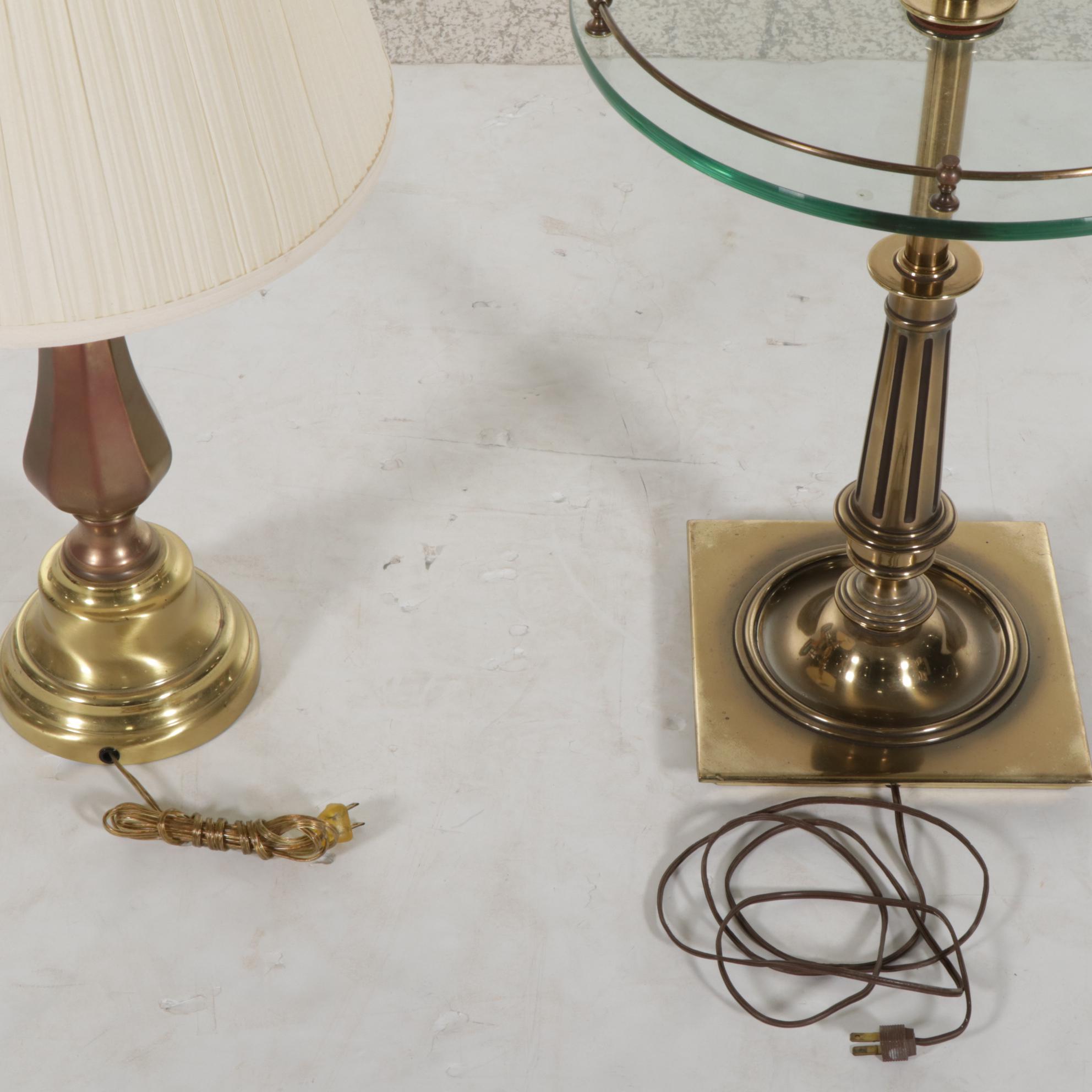 Stiffel Cast Brass and Glass Table Floor Lamp with Baluster Table Lamp, 1970s
